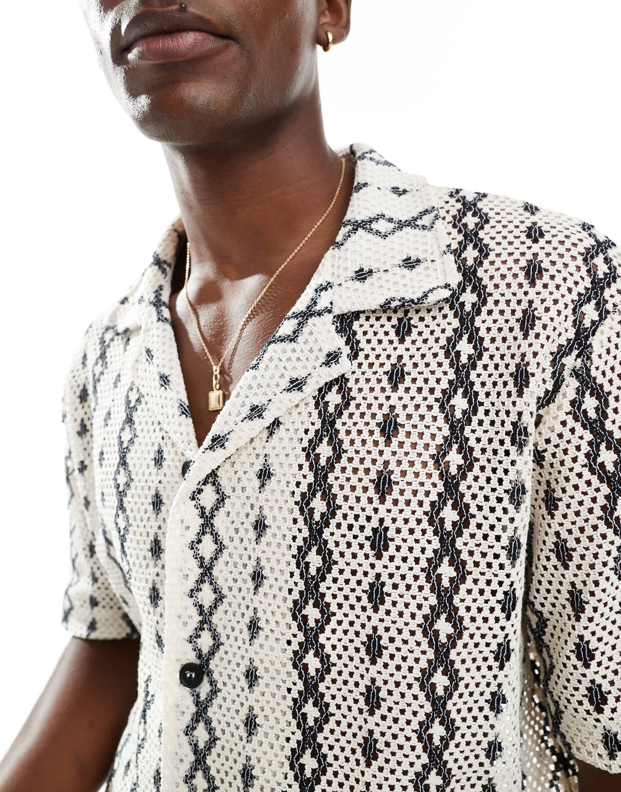 River Island revere collar crochet shirt co-ord in ecru pattern