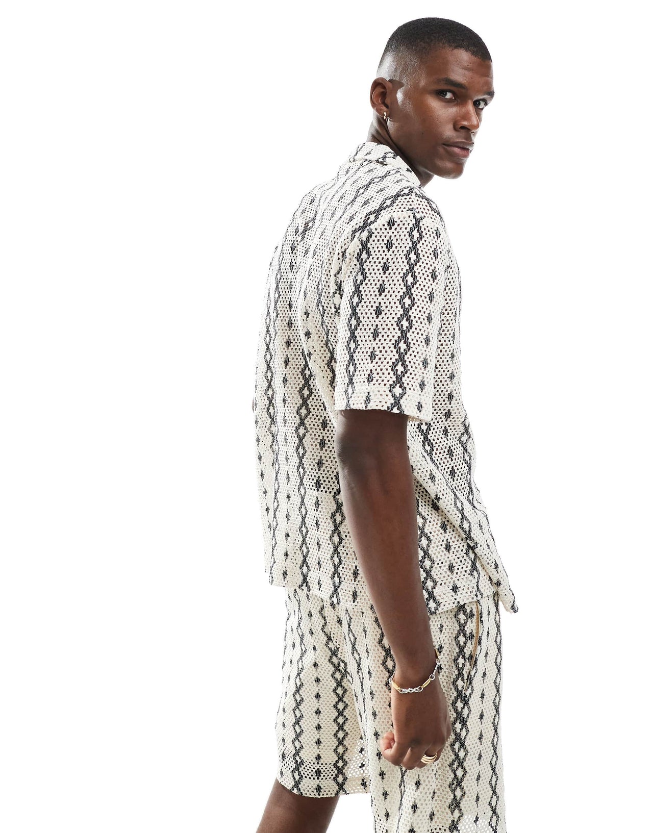 River Island revere collar crochet shirt co-ord in ecru pattern