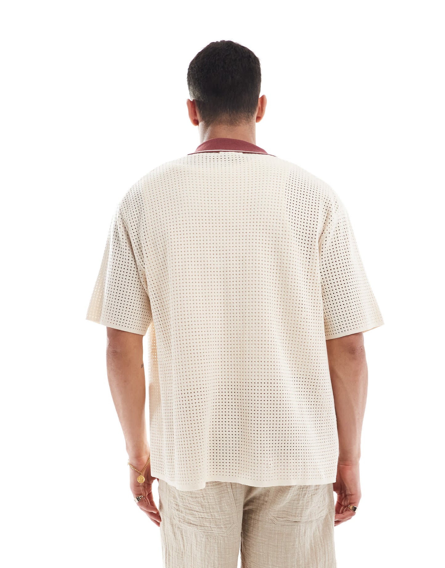 River Island pointelle shirt in ecru and brown