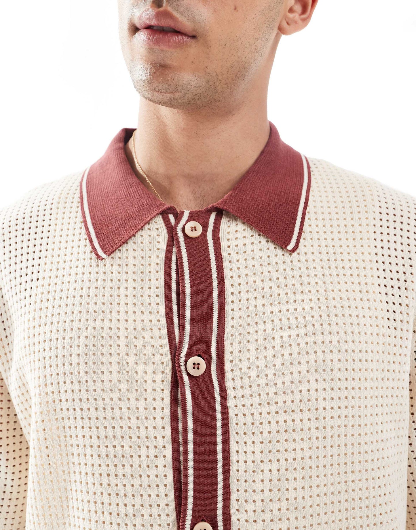 River Island pointelle shirt in ecru and brown