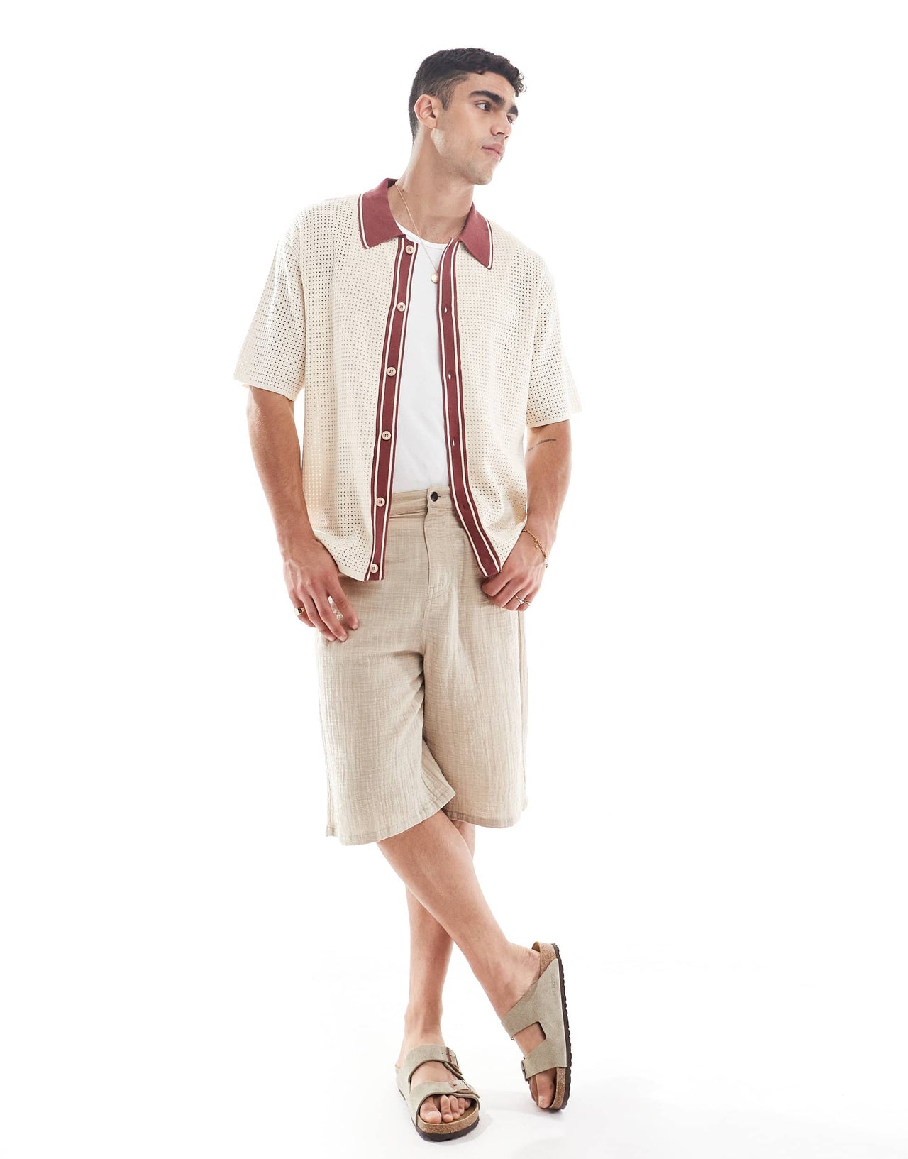 River Island pointelle shirt in ecru and brown