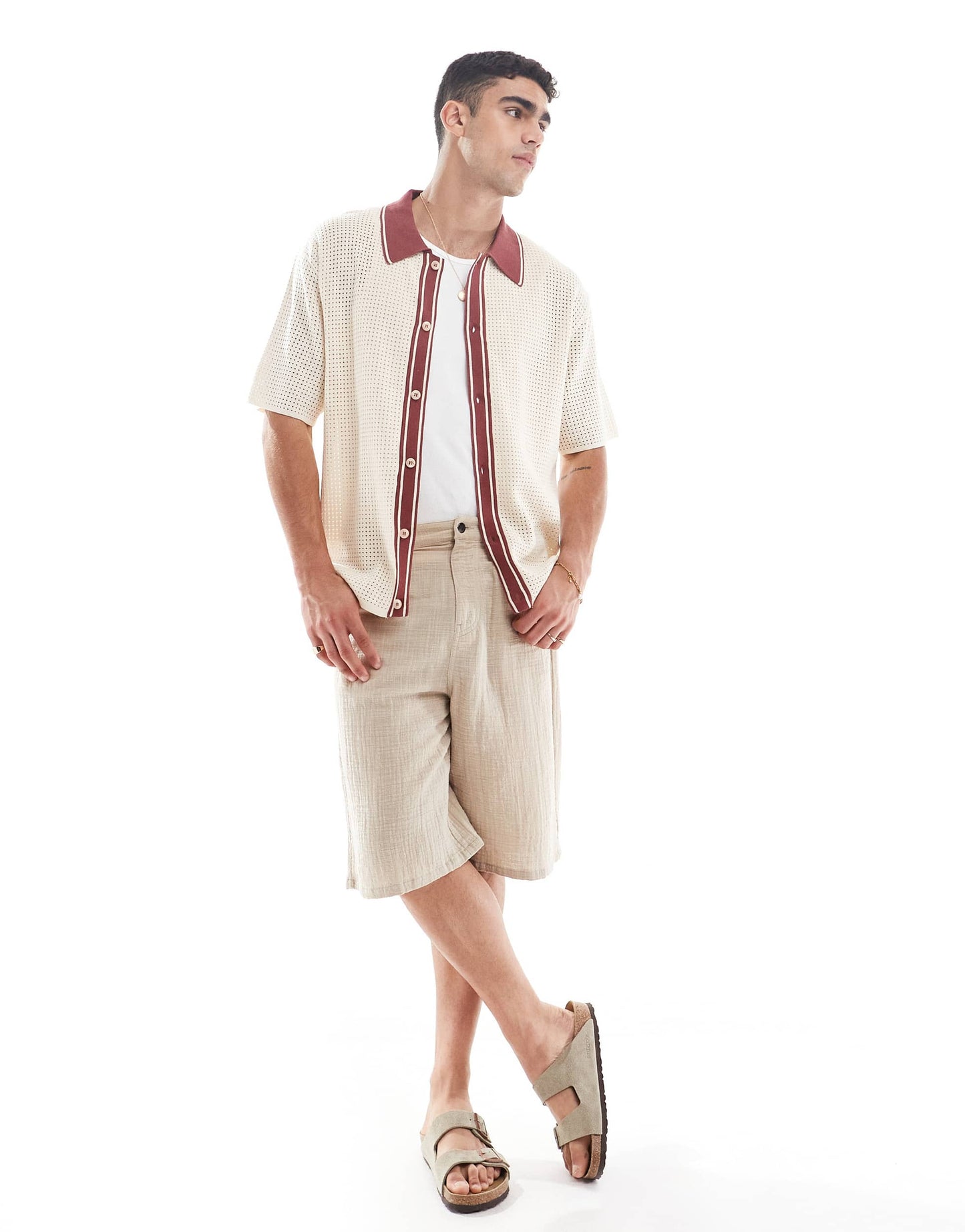 River Island pointelle shirt in ecru and brown