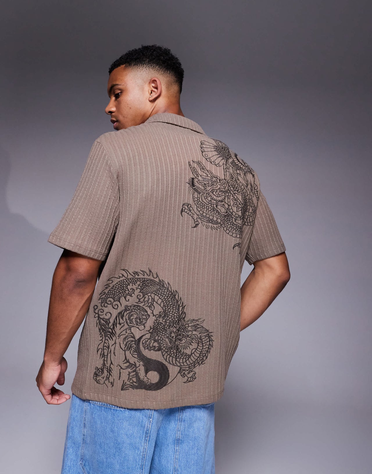 River Island Japanese dragon embroidered shirt in brown