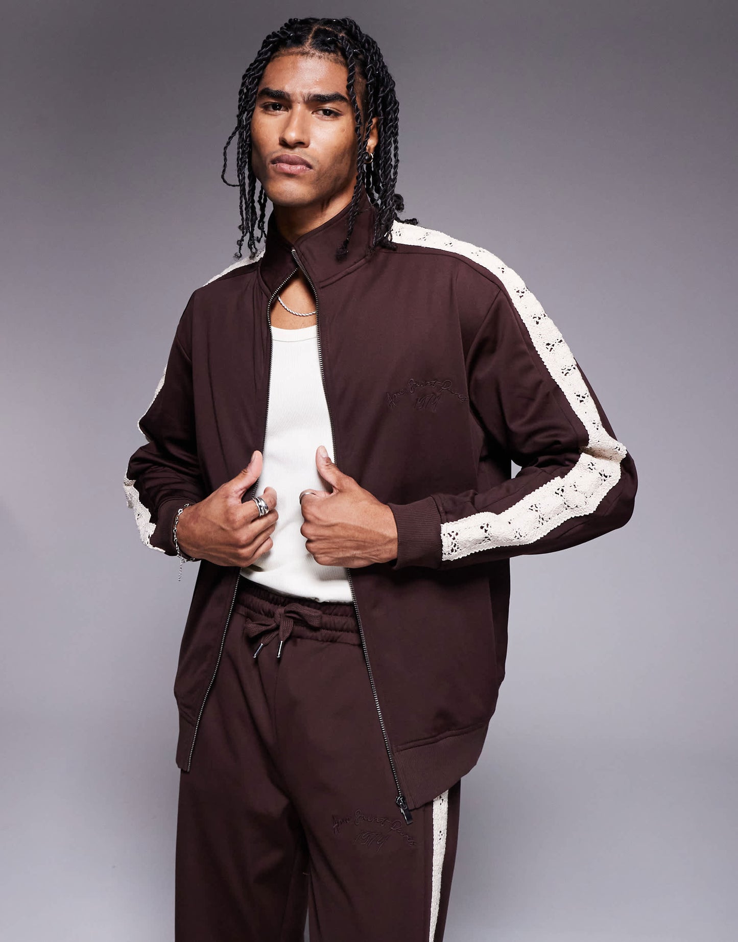 River Island crochet taped track jacket co-ord in brown
