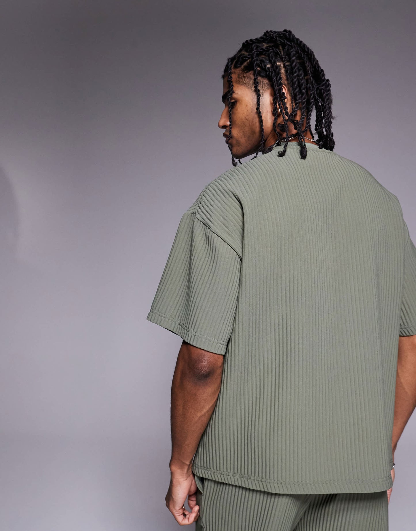 River Island oversized plisse t-shirt co-ord in light khaki