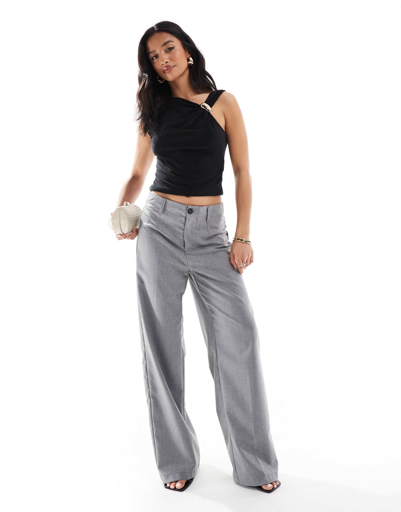 Bershka Petite high waisted wide leg tailored trouser in grey