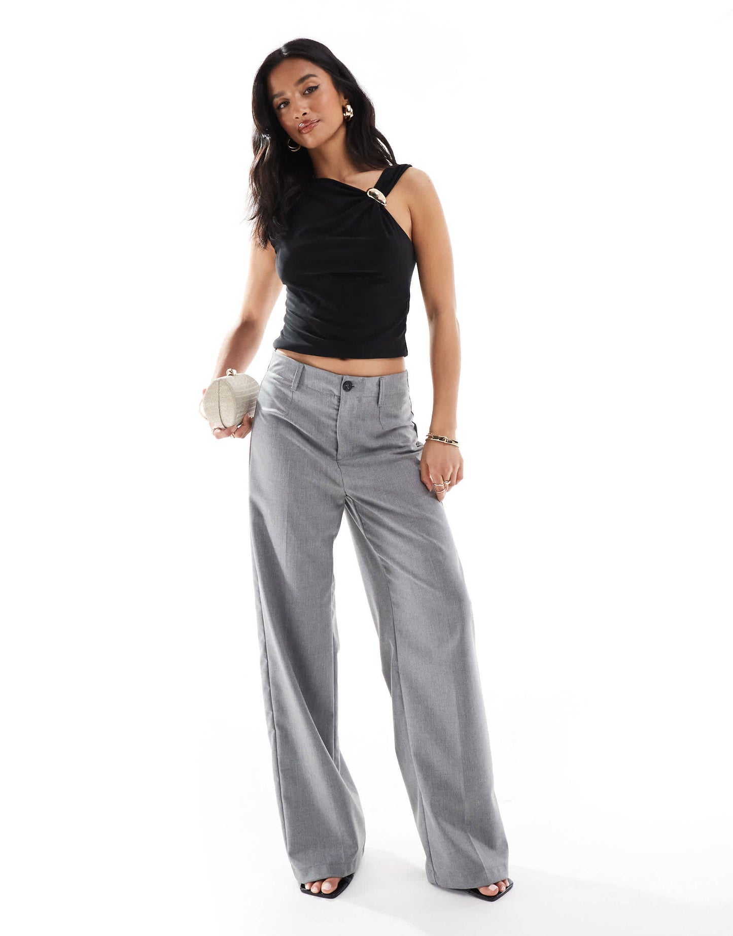 Bershka Petite high waisted wide leg tailored trouser in grey