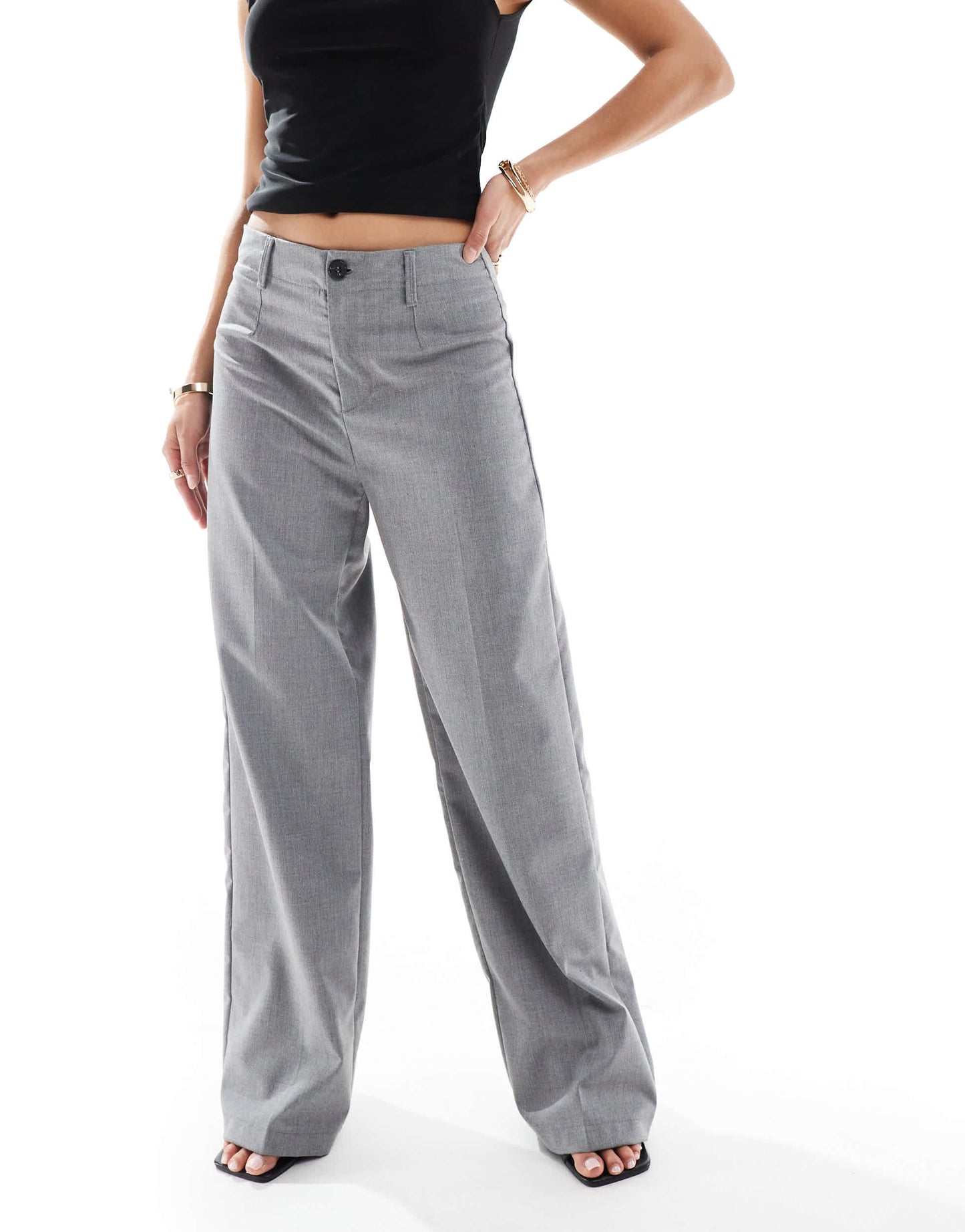 Bershka Petite high waisted wide leg tailored trouser in grey