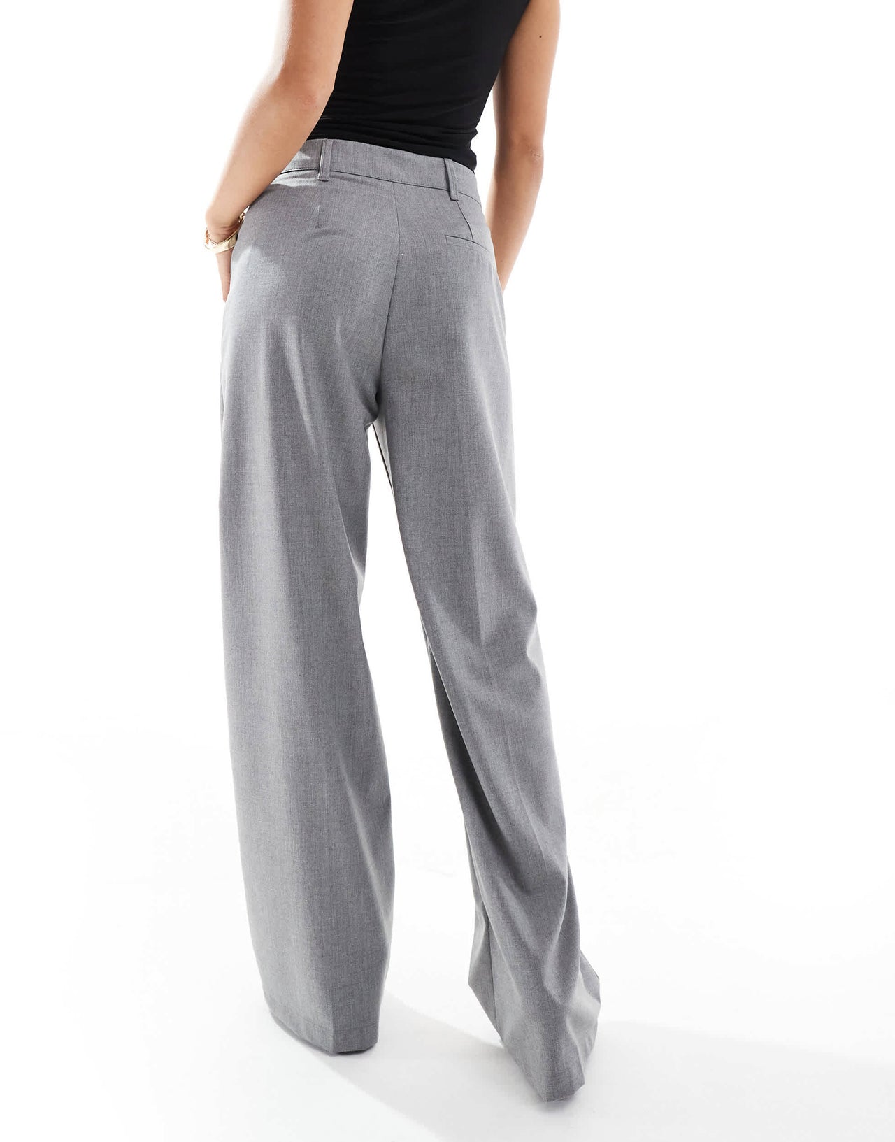 Bershka Petite high waisted wide leg tailored trouser in grey