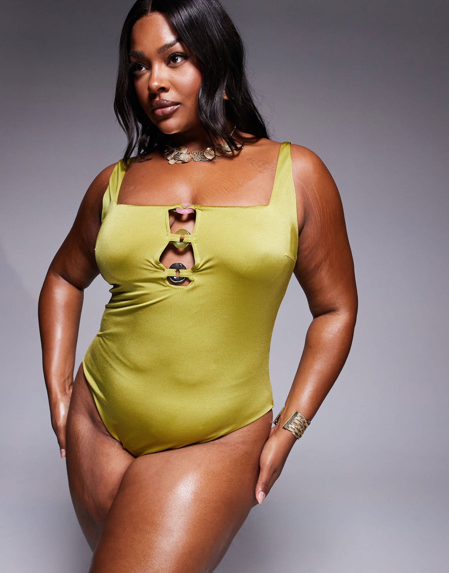 ASOS DESIGN Curve revenge triple ring swimsuit in lime