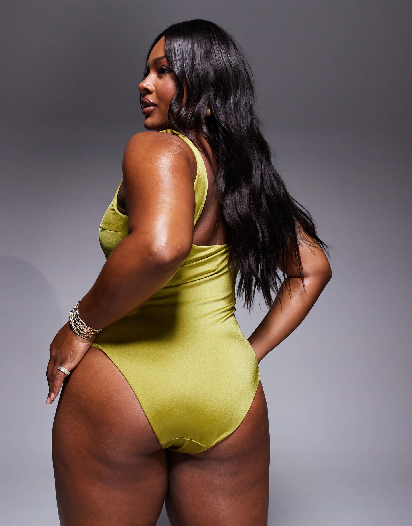 ASOS DESIGN Curve revenge triple ring swimsuit in lime