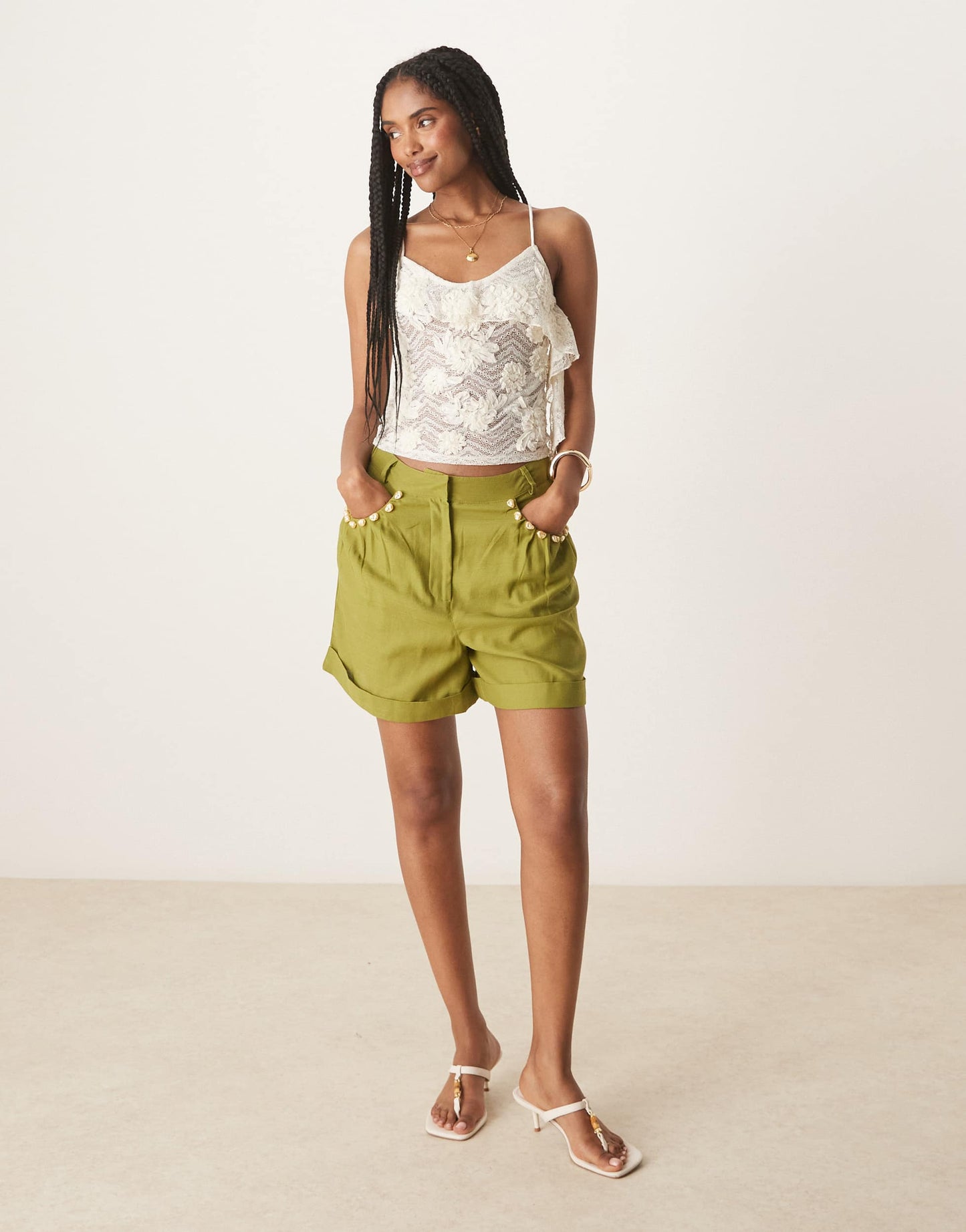 ASOS DESIGN tailored linen look a-line shorts with pearl detail in olive