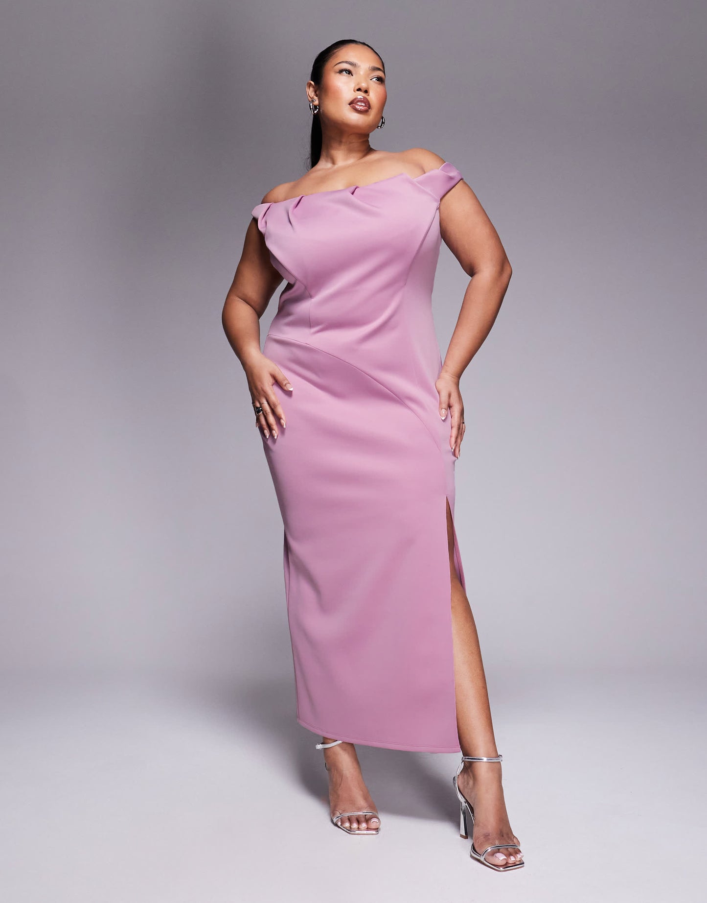 ASOS DESIGN Curve  pleated bardot maxi dress in rose in scuba-style fabric