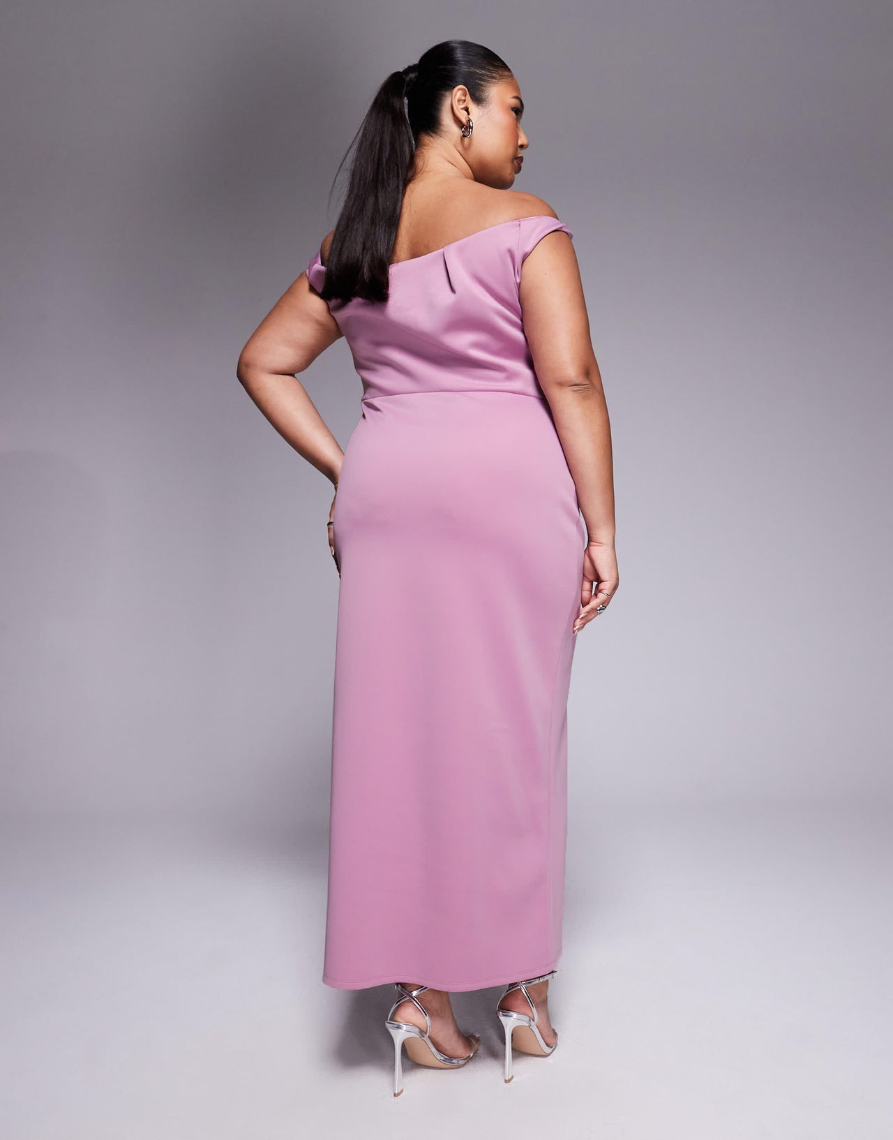 ASOS DESIGN Curve  pleated bardot maxi dress in rose in scuba-style fabric