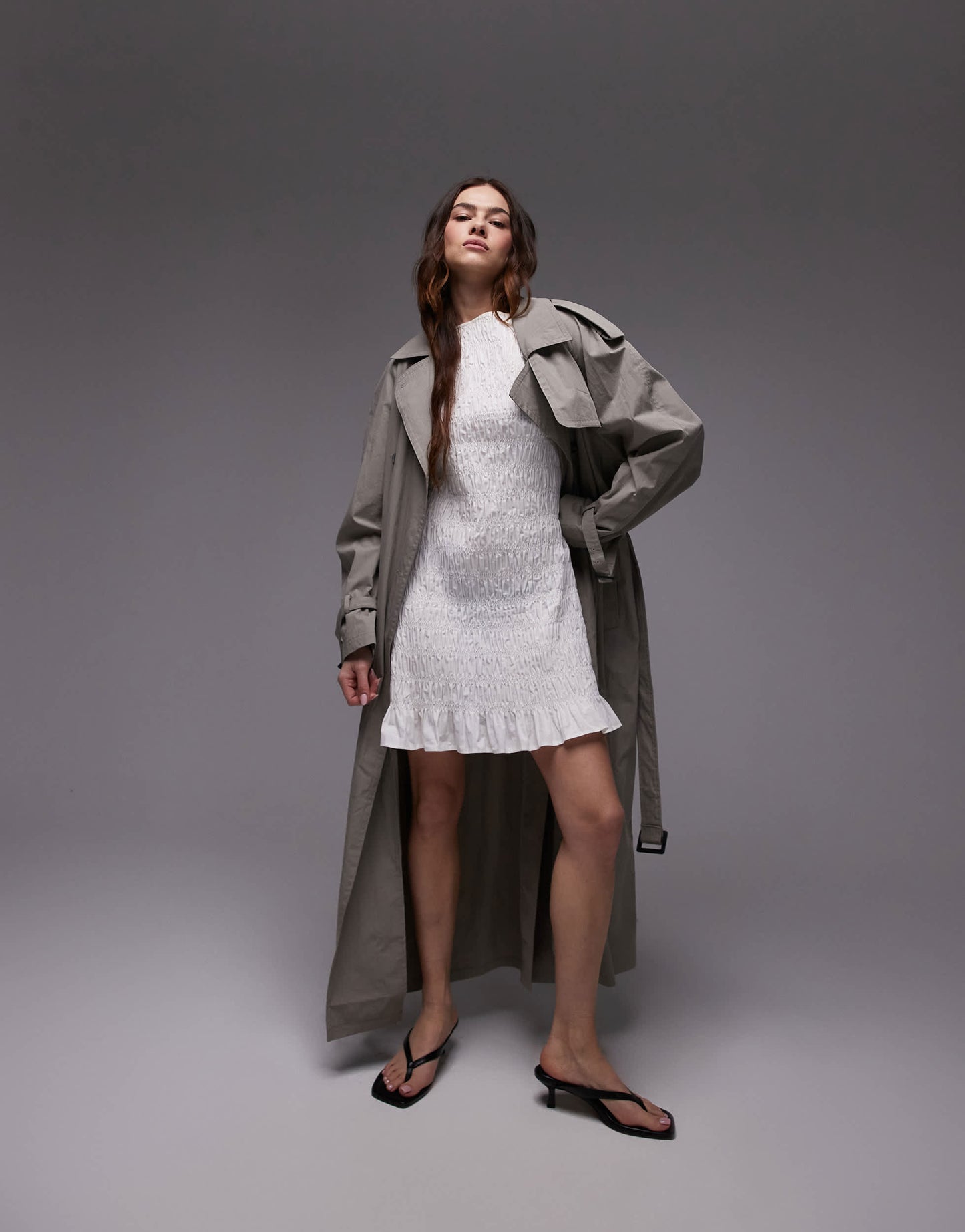 Topshop shirred poplin mini dress in white