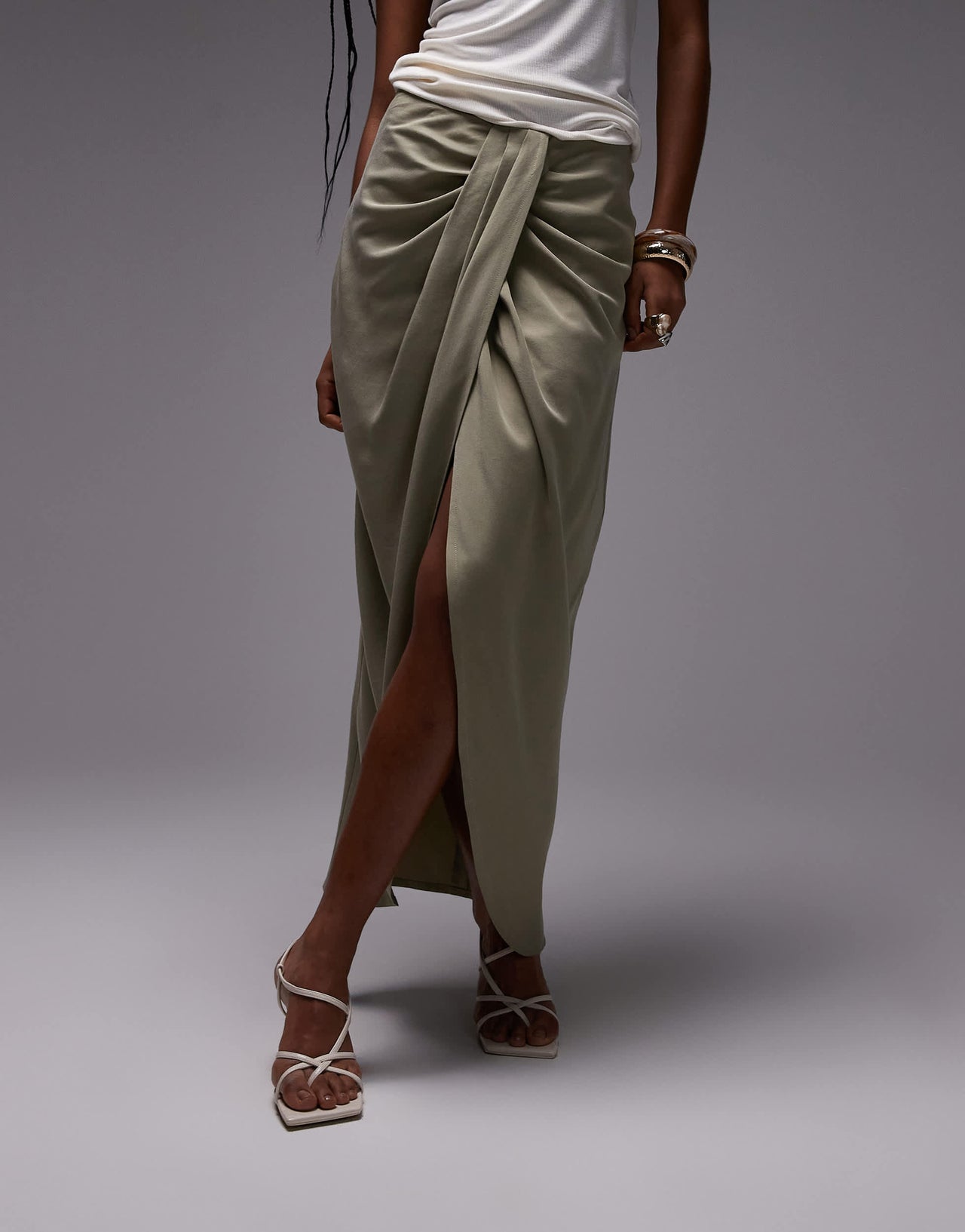 ASOS DESIGN lyocell drape front maxi skirt in olive