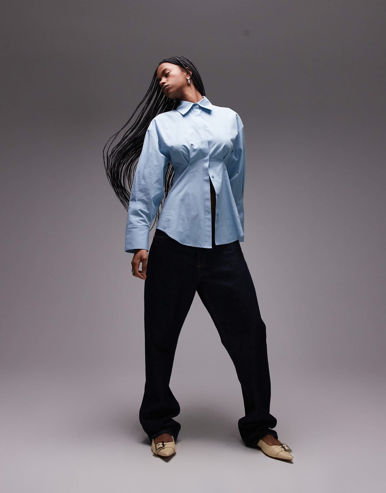 Topshop cinch waisted poplin shirt in blue
