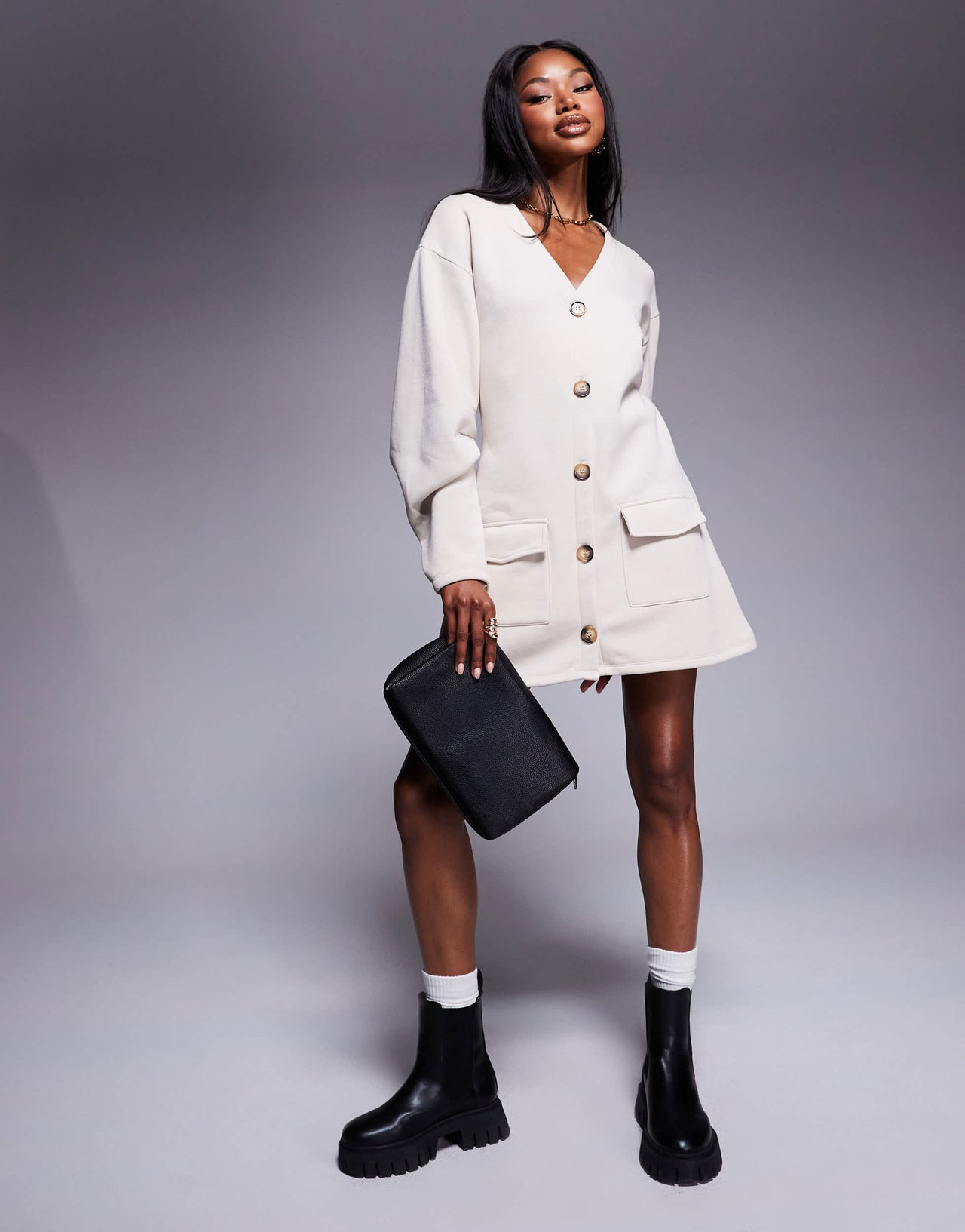 ASOS DESIGN button through mini dress with cocoon sleeve in cream