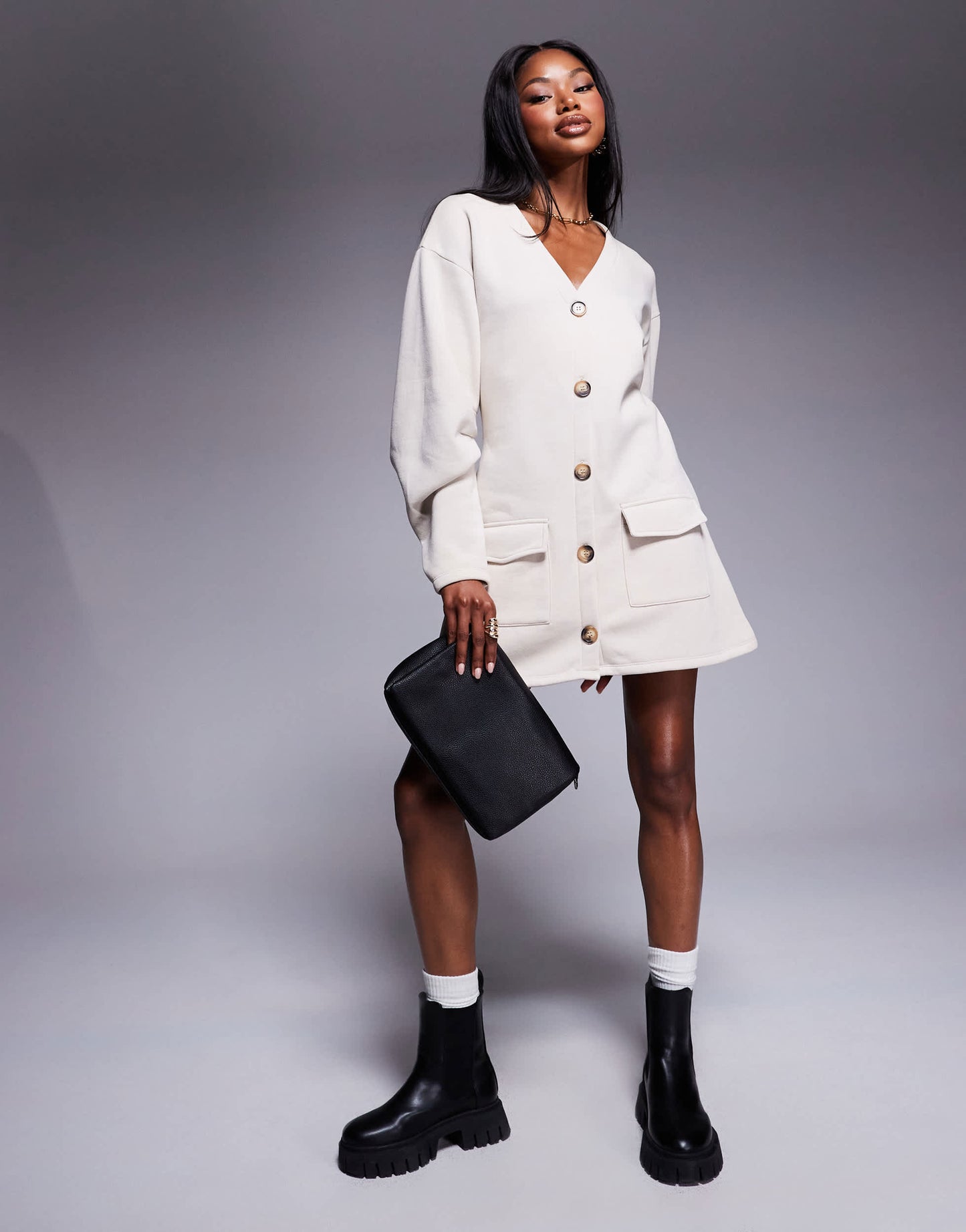 ASOS DESIGN button through mini dress with cocoon sleeve in cream