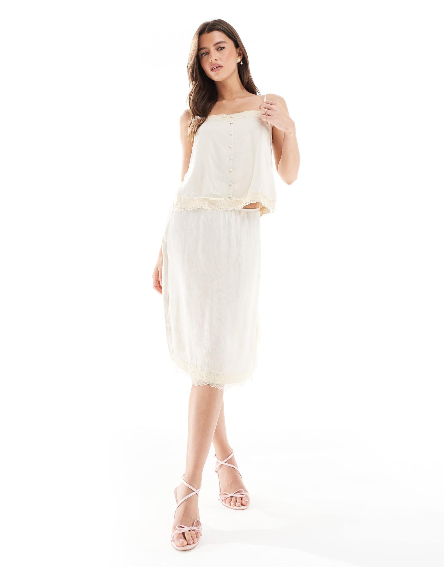 Pull&Bear lace trim button up cami co-ord in vanilla