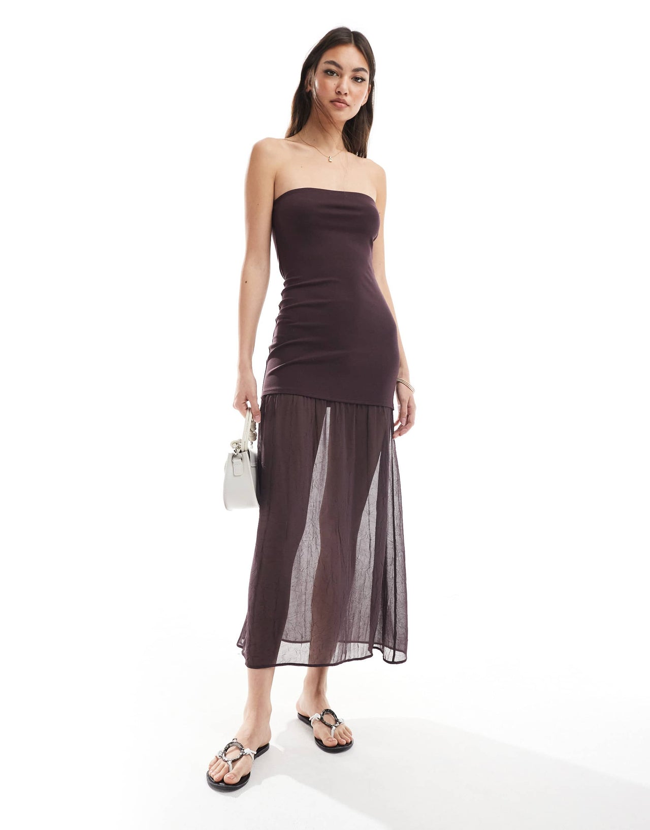 Pull&Bear drop hem bandeau maxi dress in burgundy