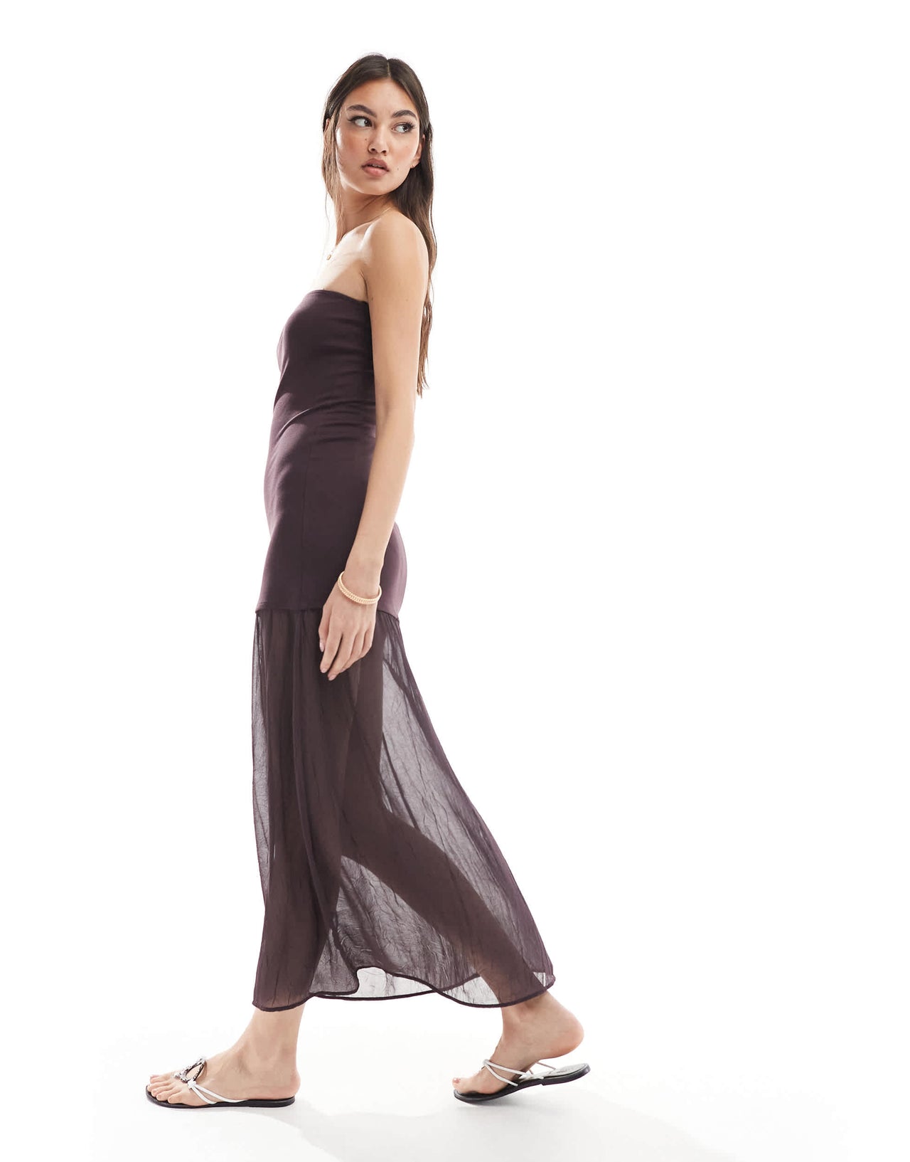 Pull&Bear drop hem bandeau maxi dress in burgundy