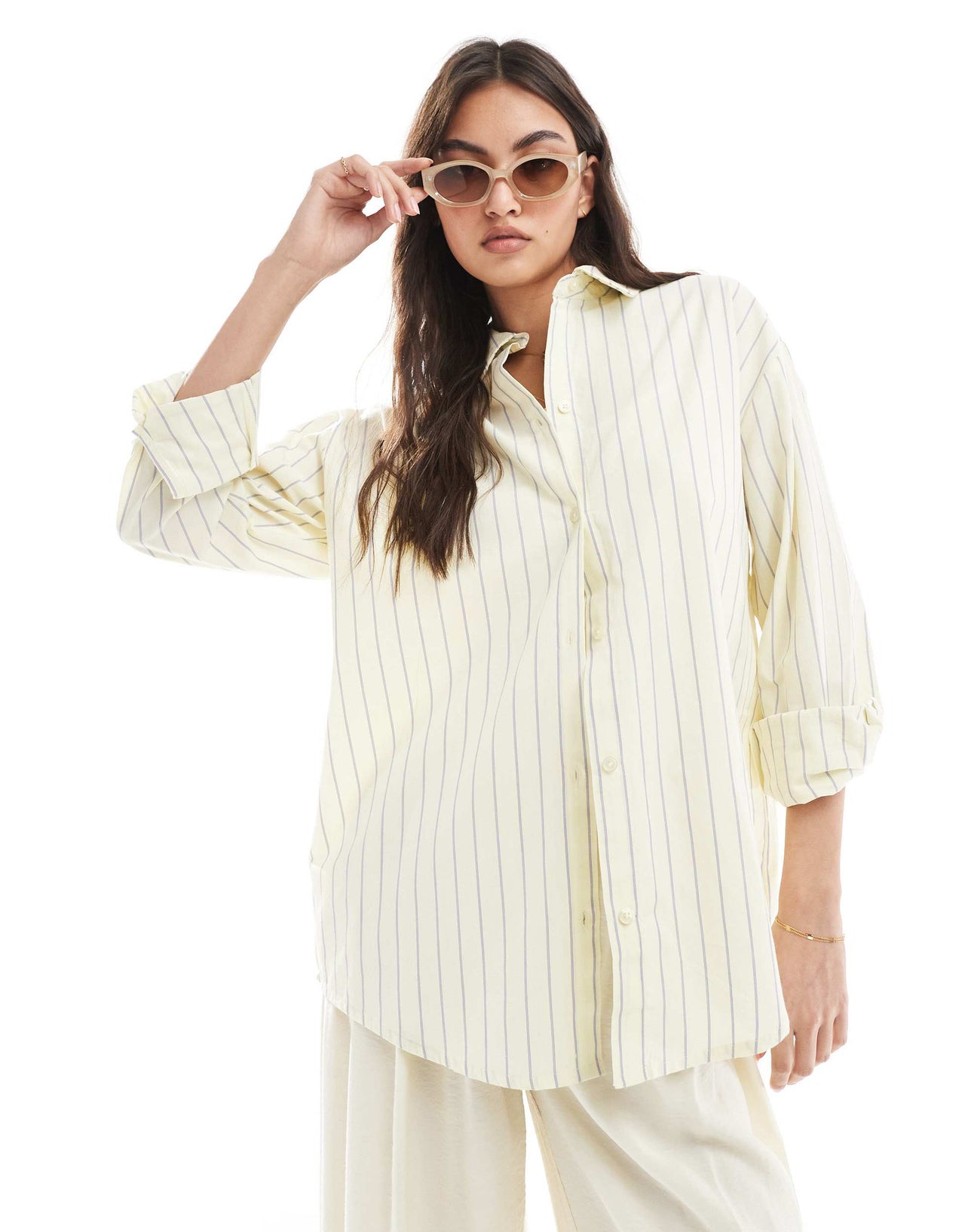 Pull&Bear oversized contrast striped shirt in yellow