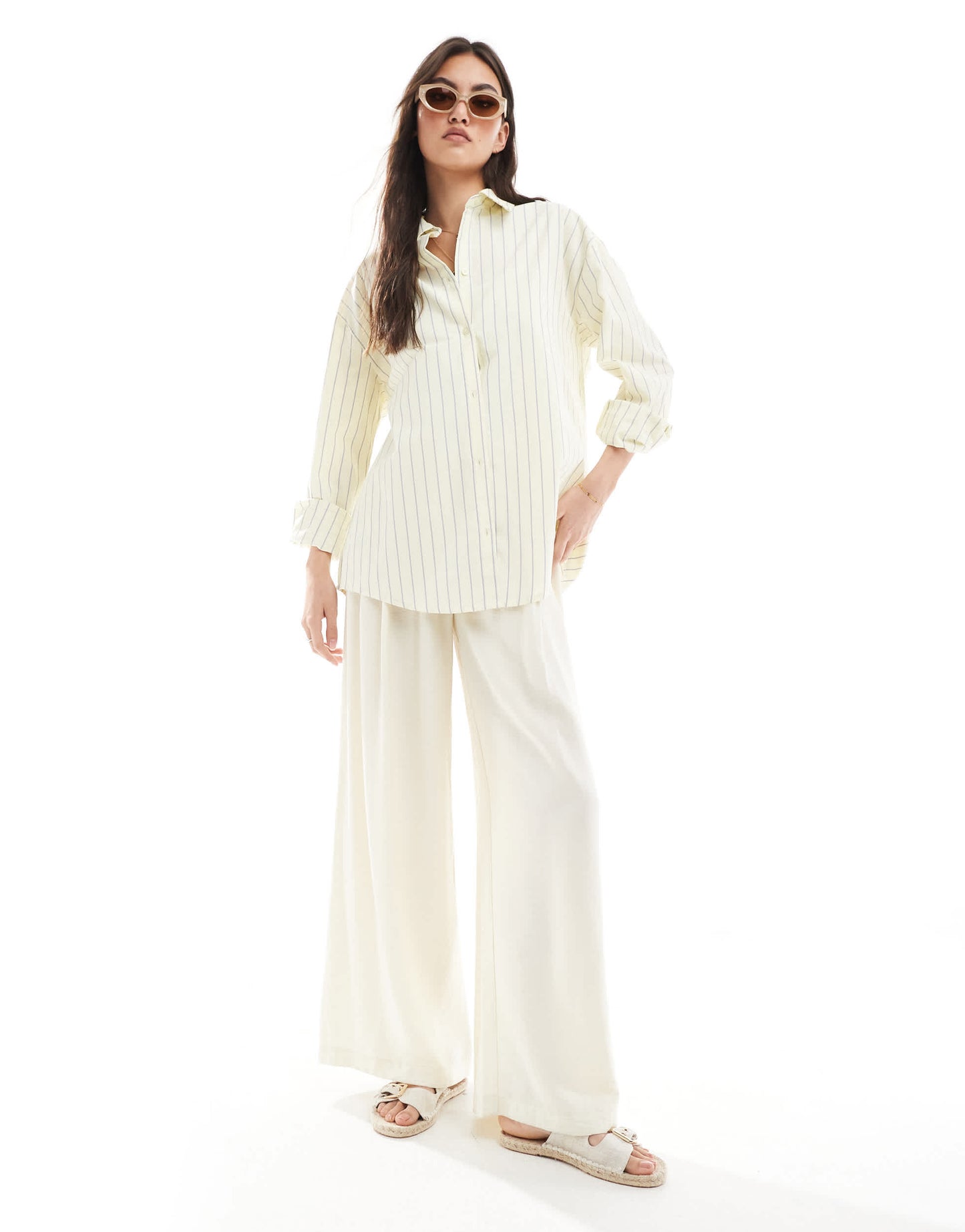 Pull&Bear oversized contrast striped shirt in yellow