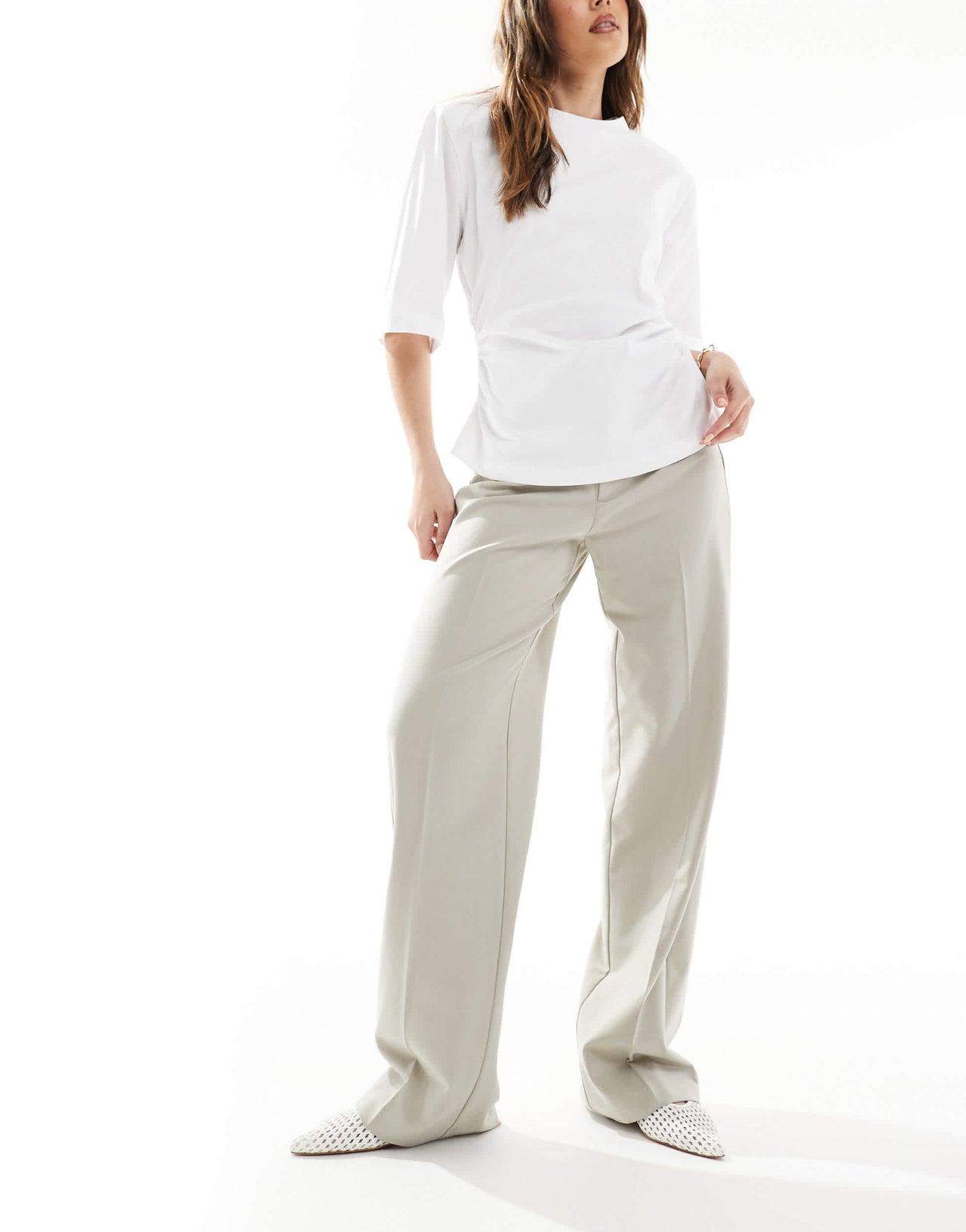 Pull&Bear straight leg tailored trouser in stone