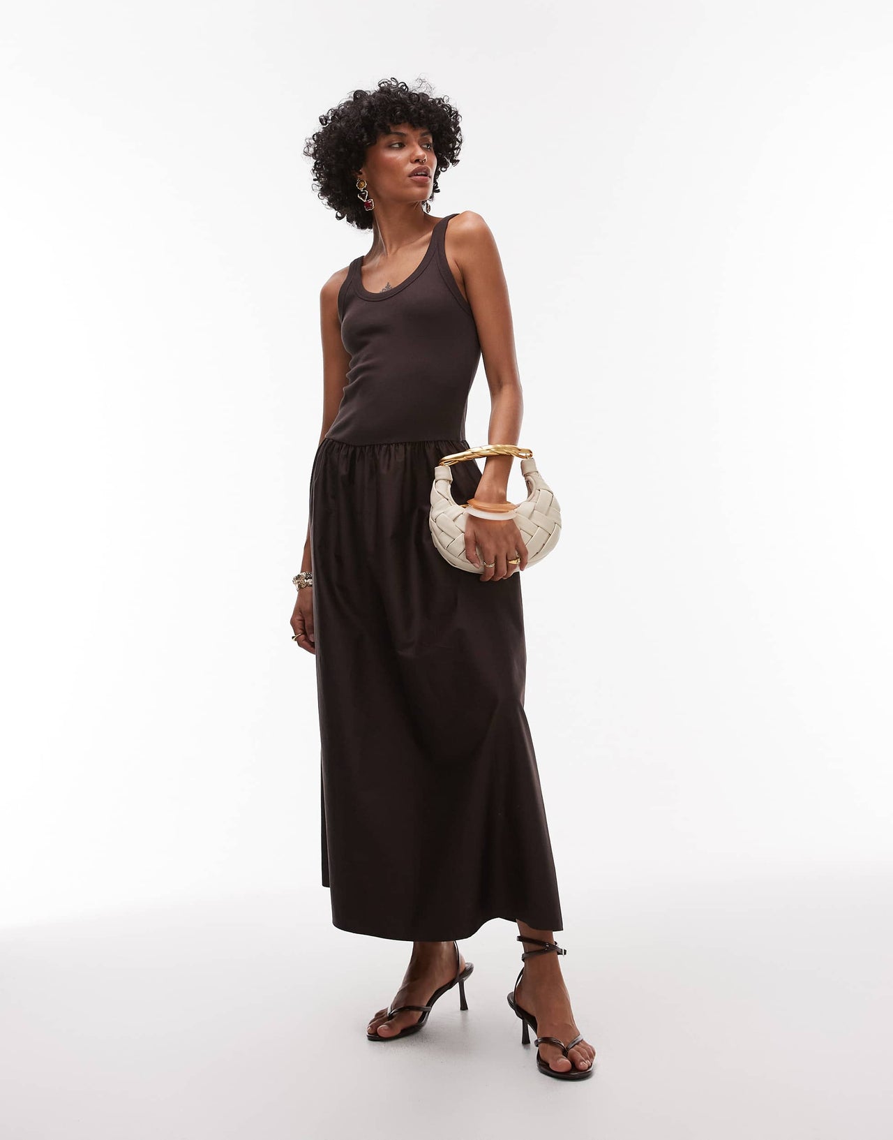 & Other Stories mixed jersey and woven maxi dress with volume hem in dark brown