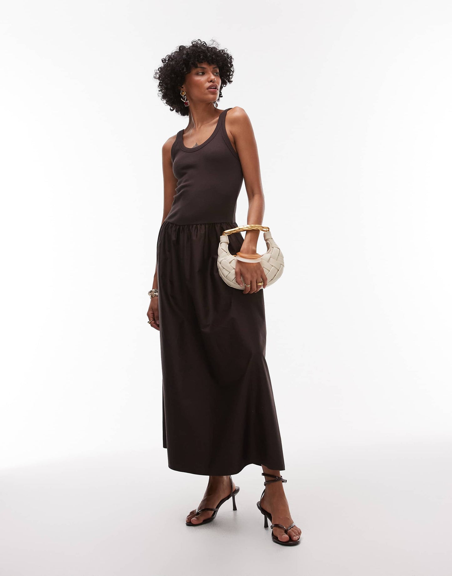 & Other Stories mixed jersey and woven maxi dress with volume hem in dark brown
