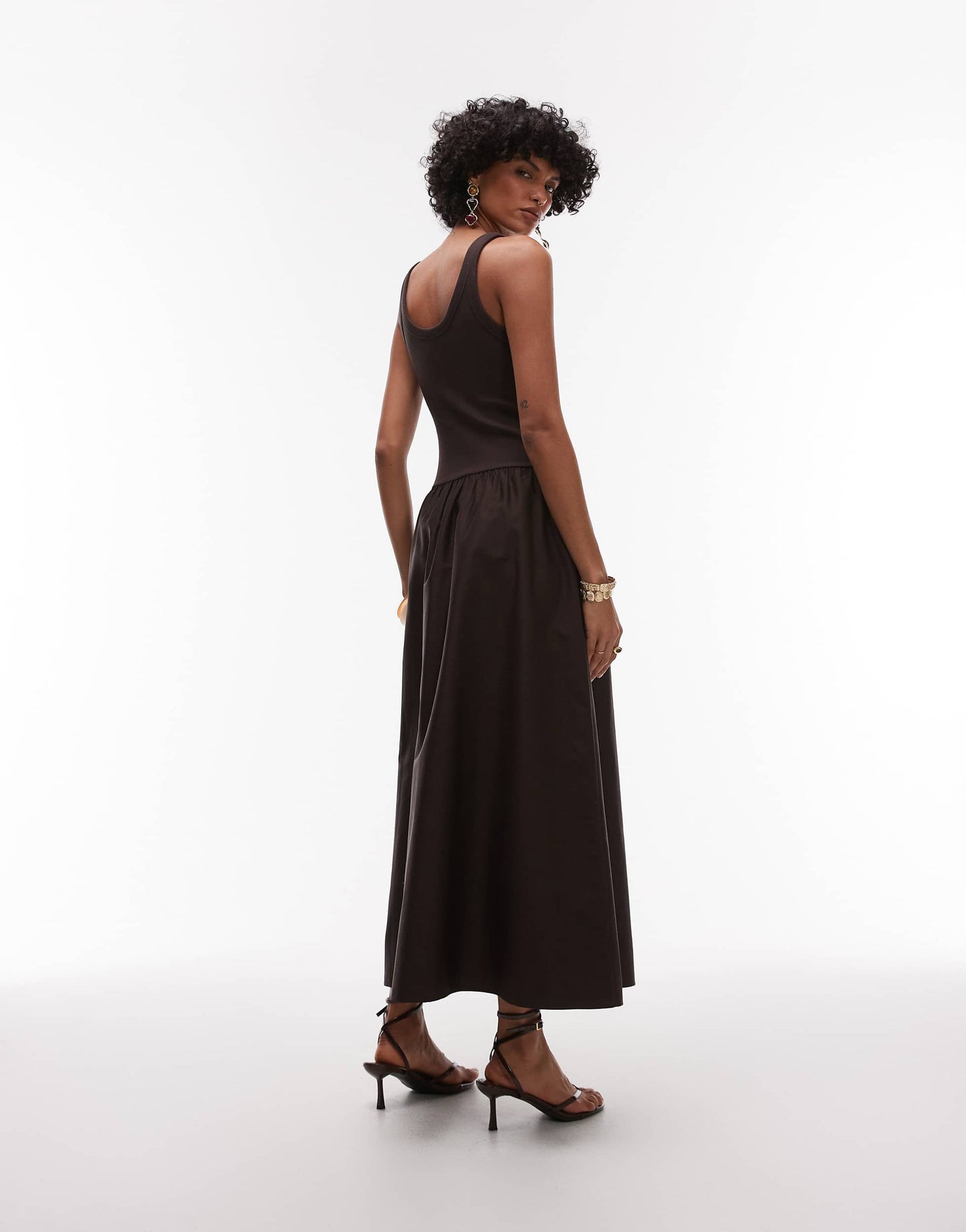 & Other Stories mixed jersey and woven maxi dress with volume hem in dark brown