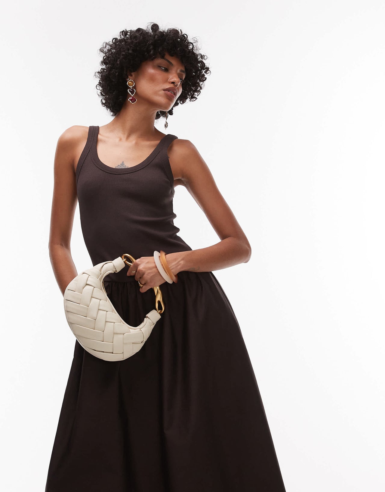& Other Stories mixed jersey and woven maxi dress with volume hem in dark brown