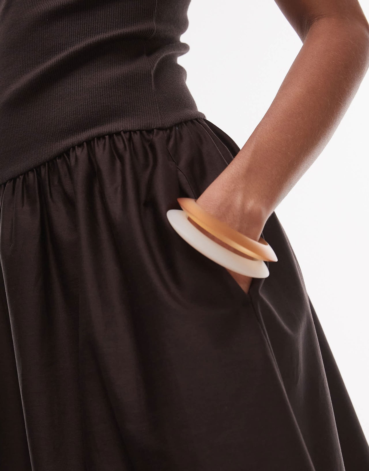 & Other Stories mixed jersey and woven maxi dress with volume hem in dark brown