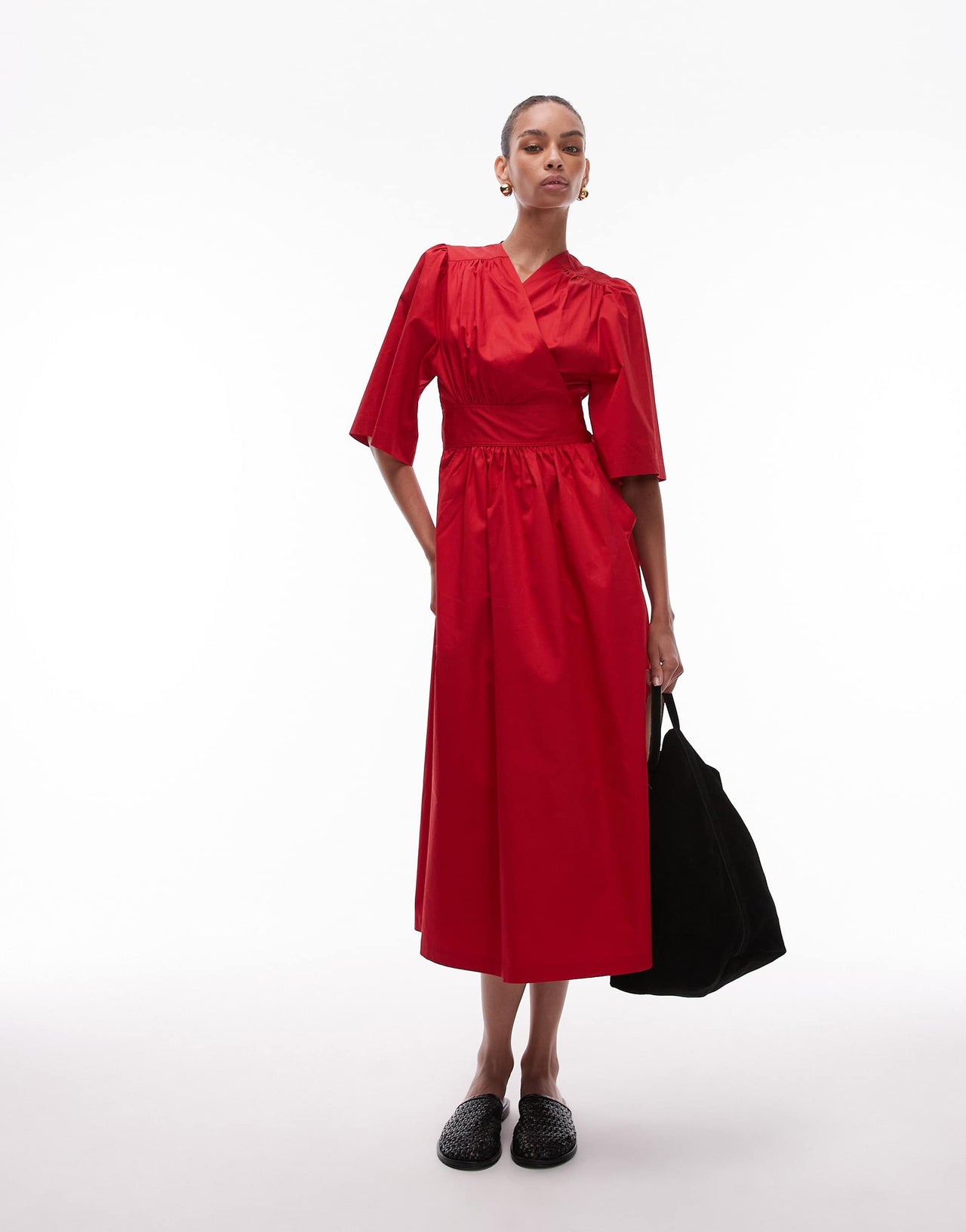 & Other Stories poplin midaxi dress with wrap front and puff sleeves in red