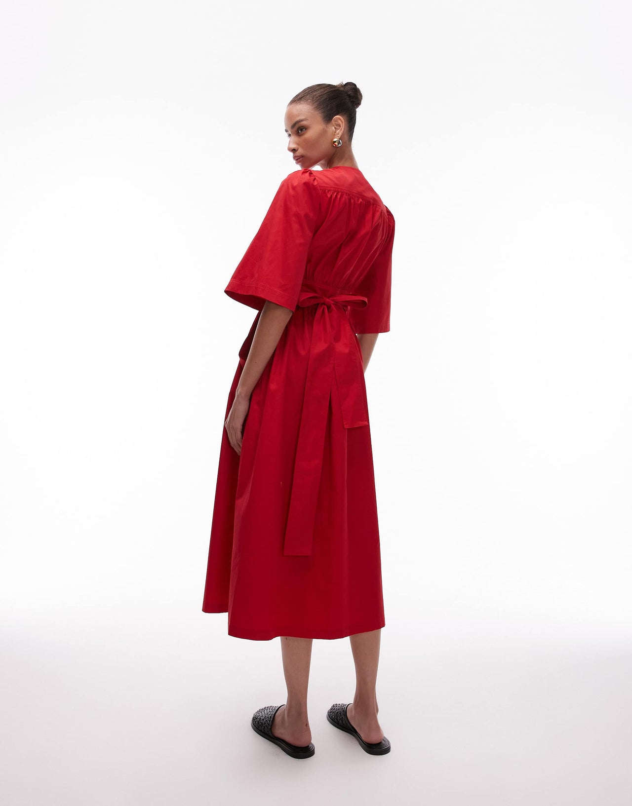 & Other Stories poplin midaxi dress with wrap front and puff sleeves in red