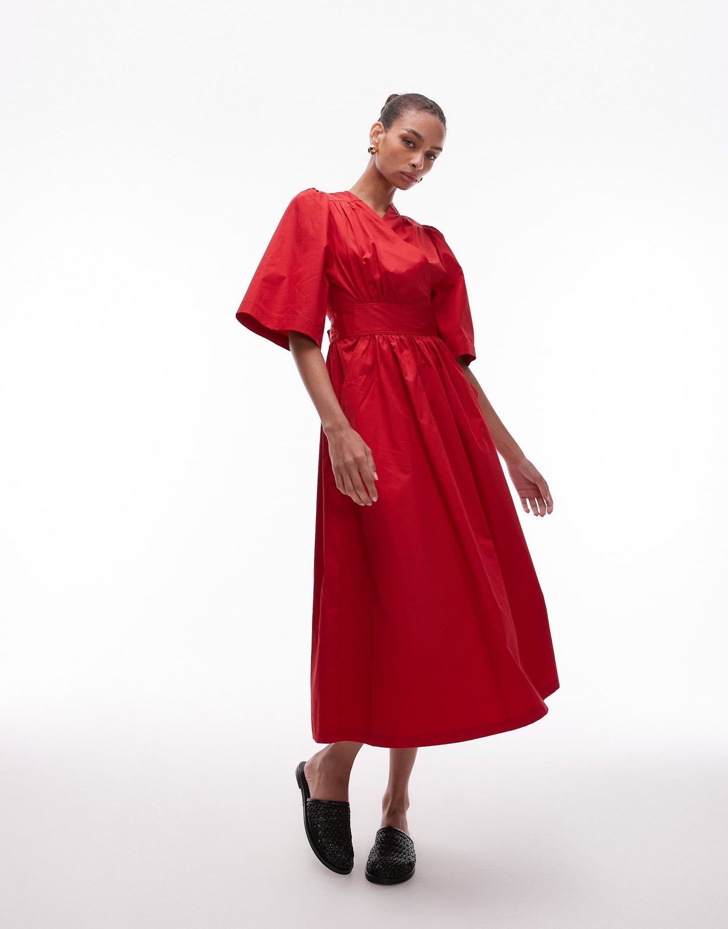 & Other Stories poplin midaxi dress with wrap front and puff sleeves in red
