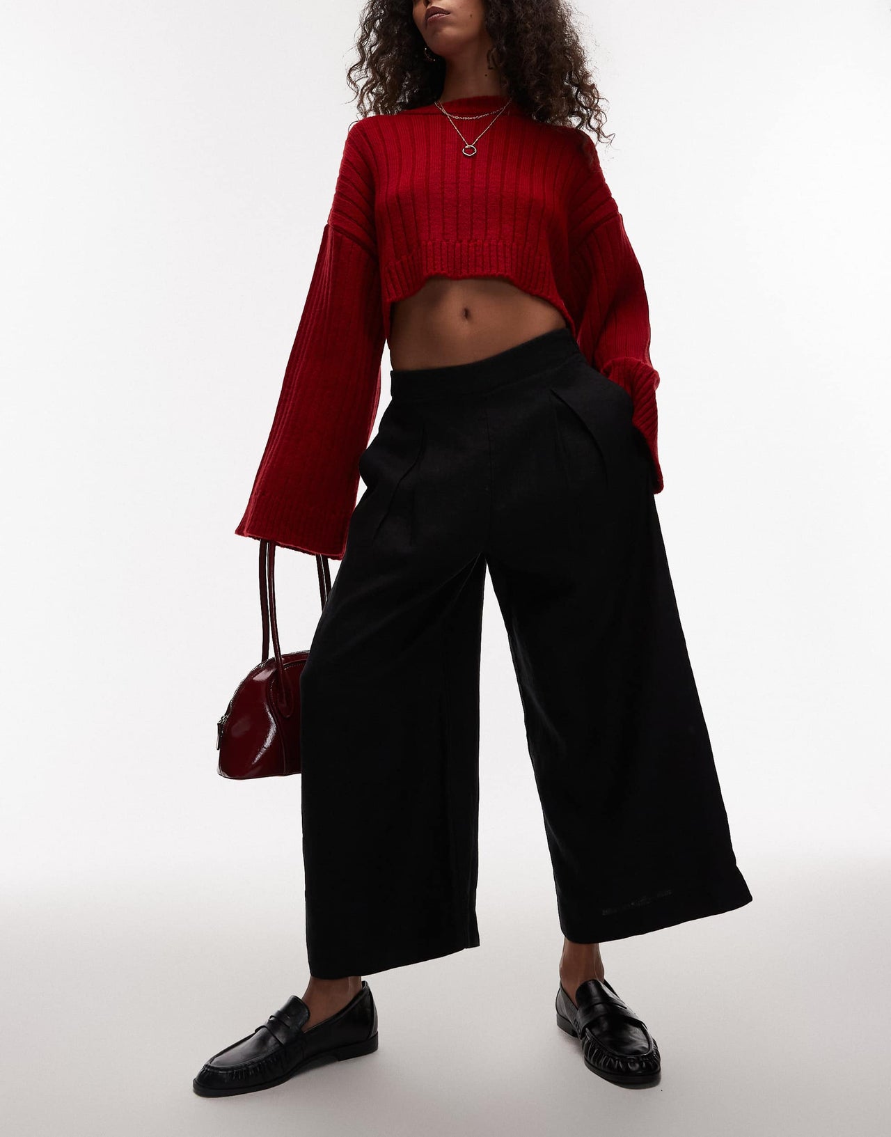 & Other Stories linen pull-on wide leg trousers with box pleat detail in black