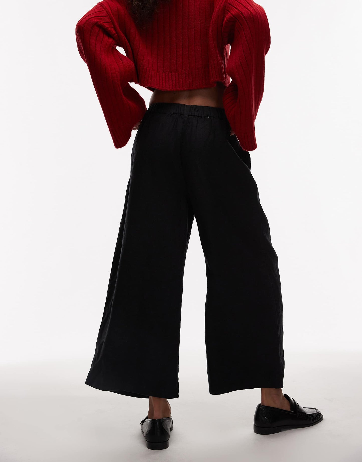 & Other Stories linen pull-on wide leg trousers with box pleat detail in black