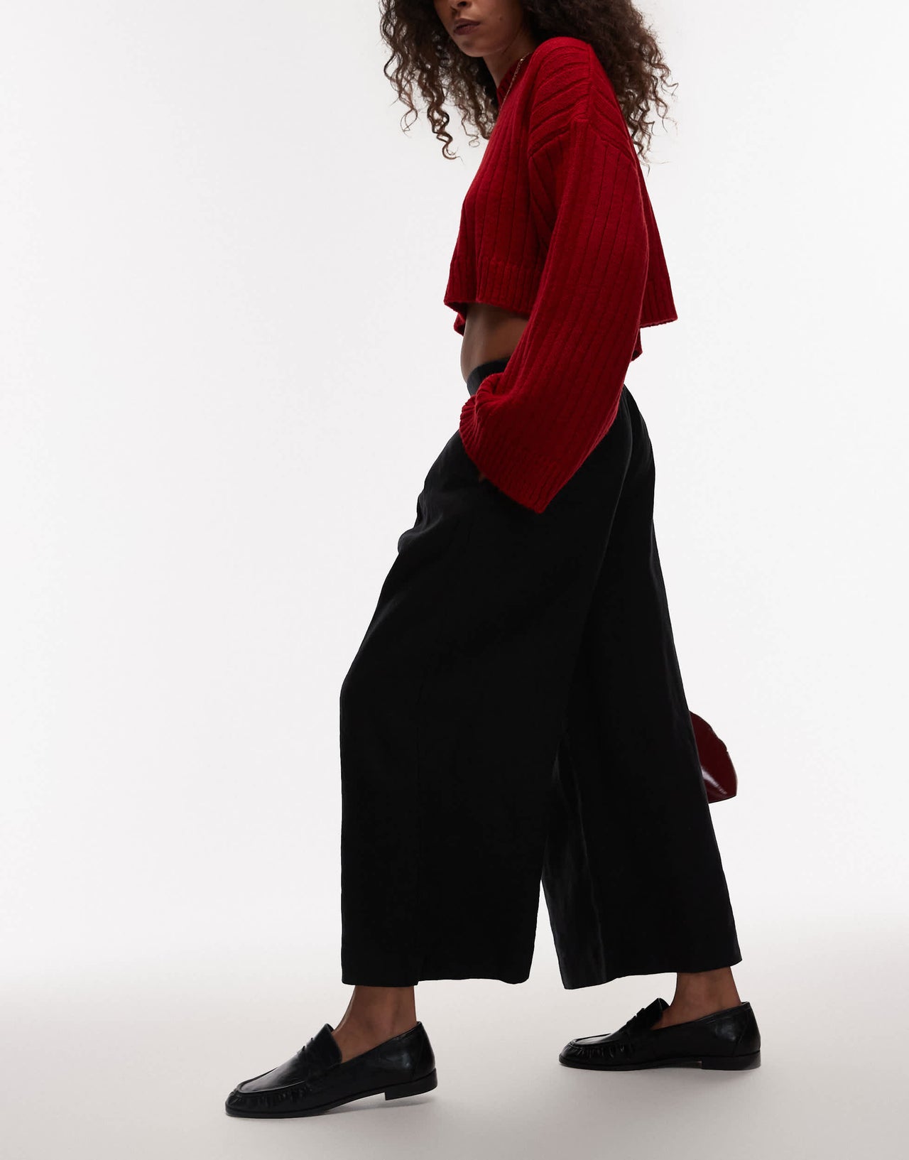 & Other Stories linen pull-on wide leg trousers with box pleat detail in black