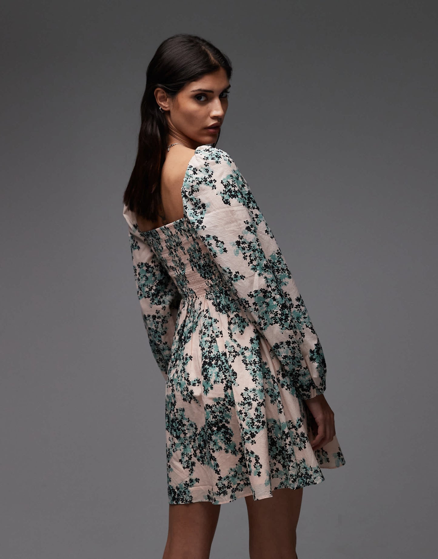 & Other Stories square neck mini dress with shirred bodice and peep cut out back in floral print