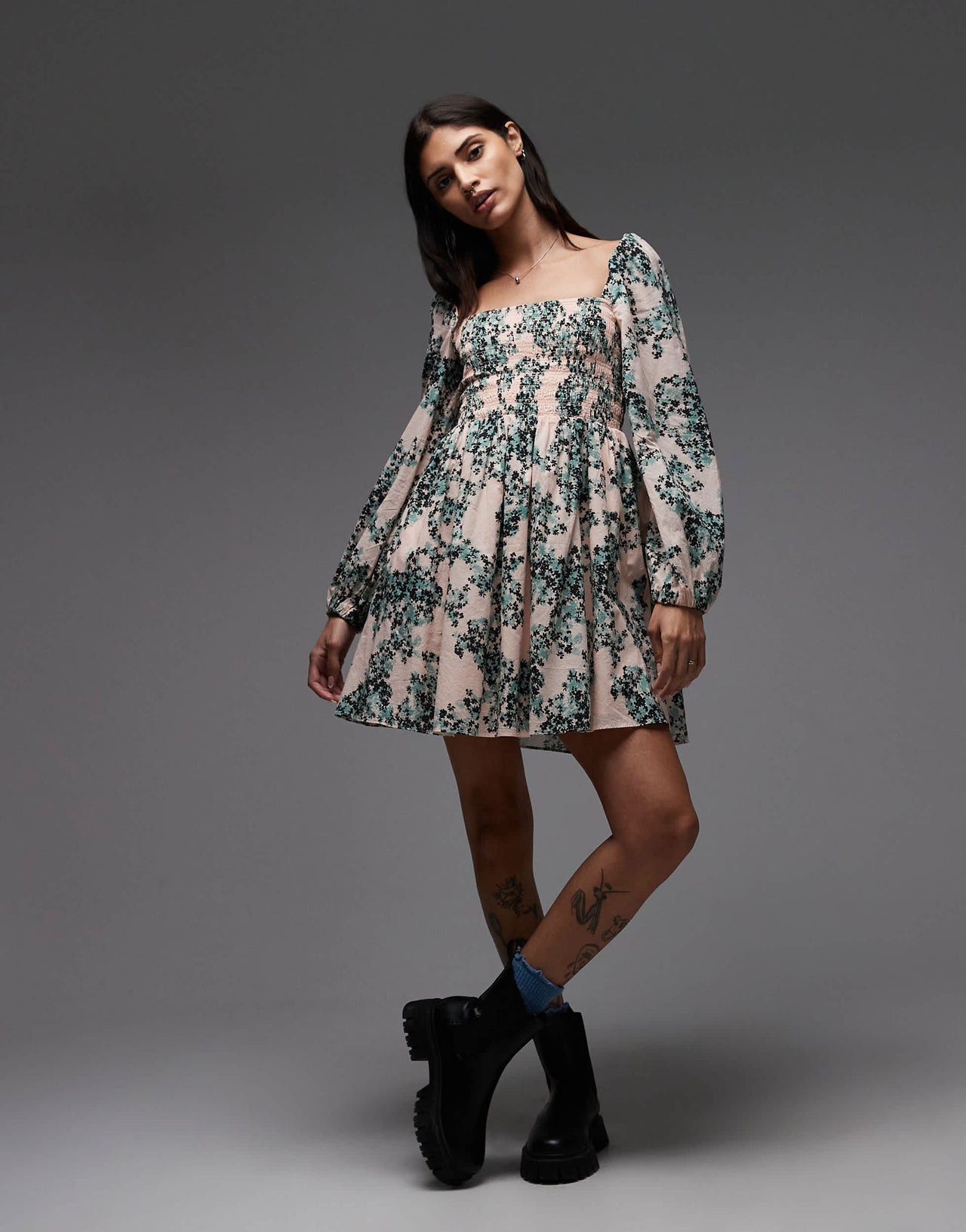 & Other Stories square neck mini dress with shirred bodice and peep cut out back in floral print