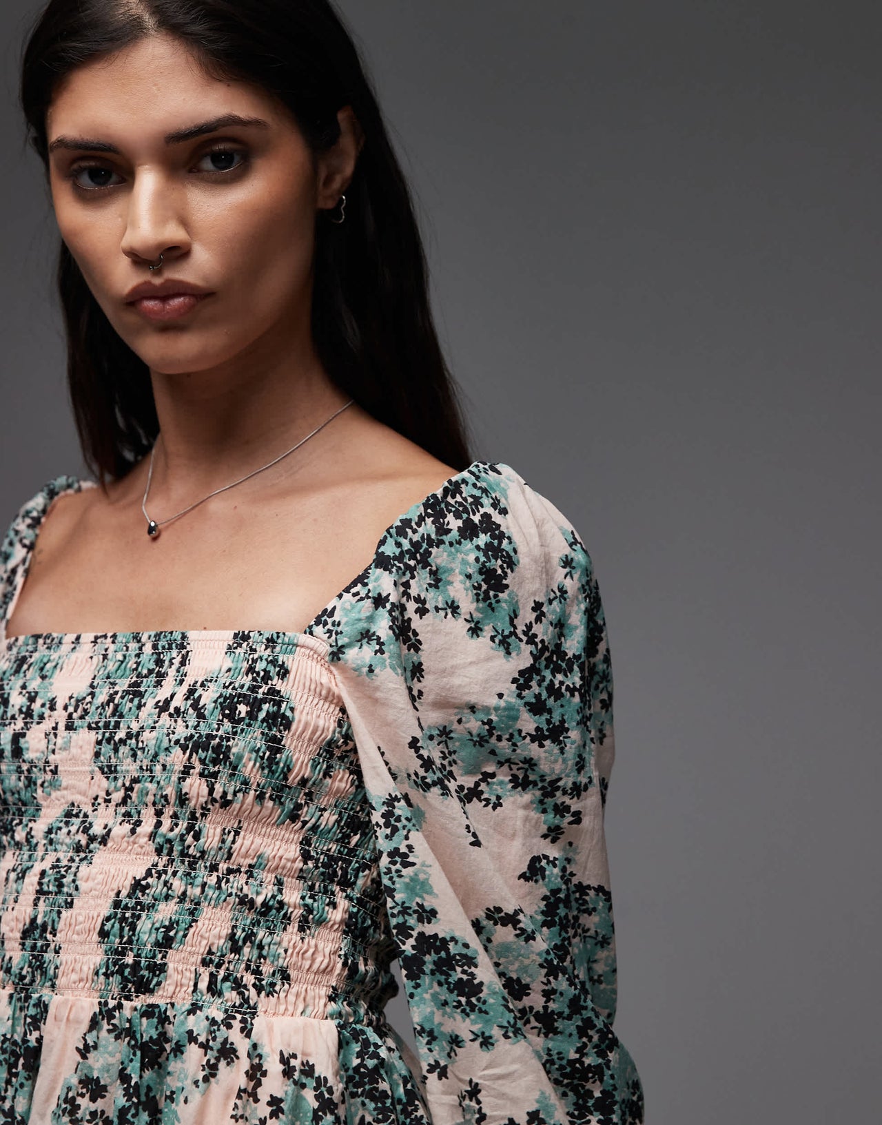 & Other Stories square neck mini dress with shirred bodice and peep cut out back in floral print