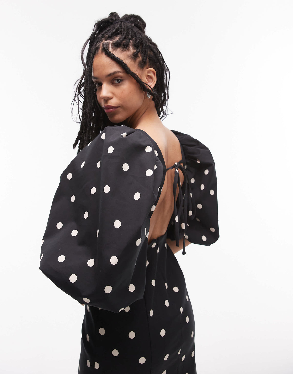& Other Stories mini dress with puff sleeves and low back in spot print