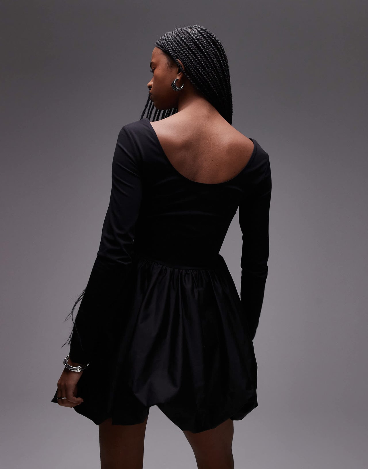& Other Stories mini dress with puffball  hem in black mixed jersey and woven fabric