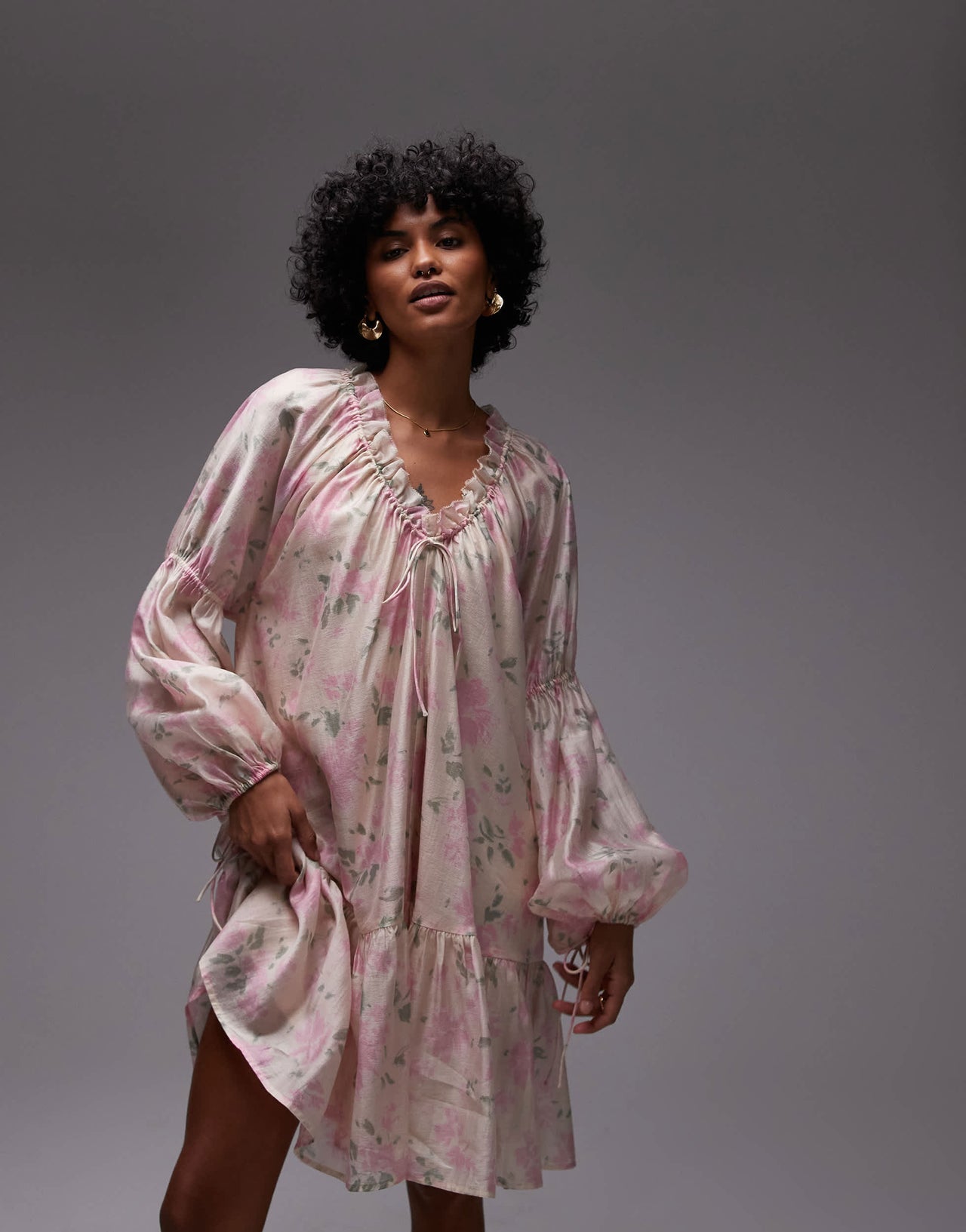 & Other Stories semi sheer mini dress with volume sleeves in floral print