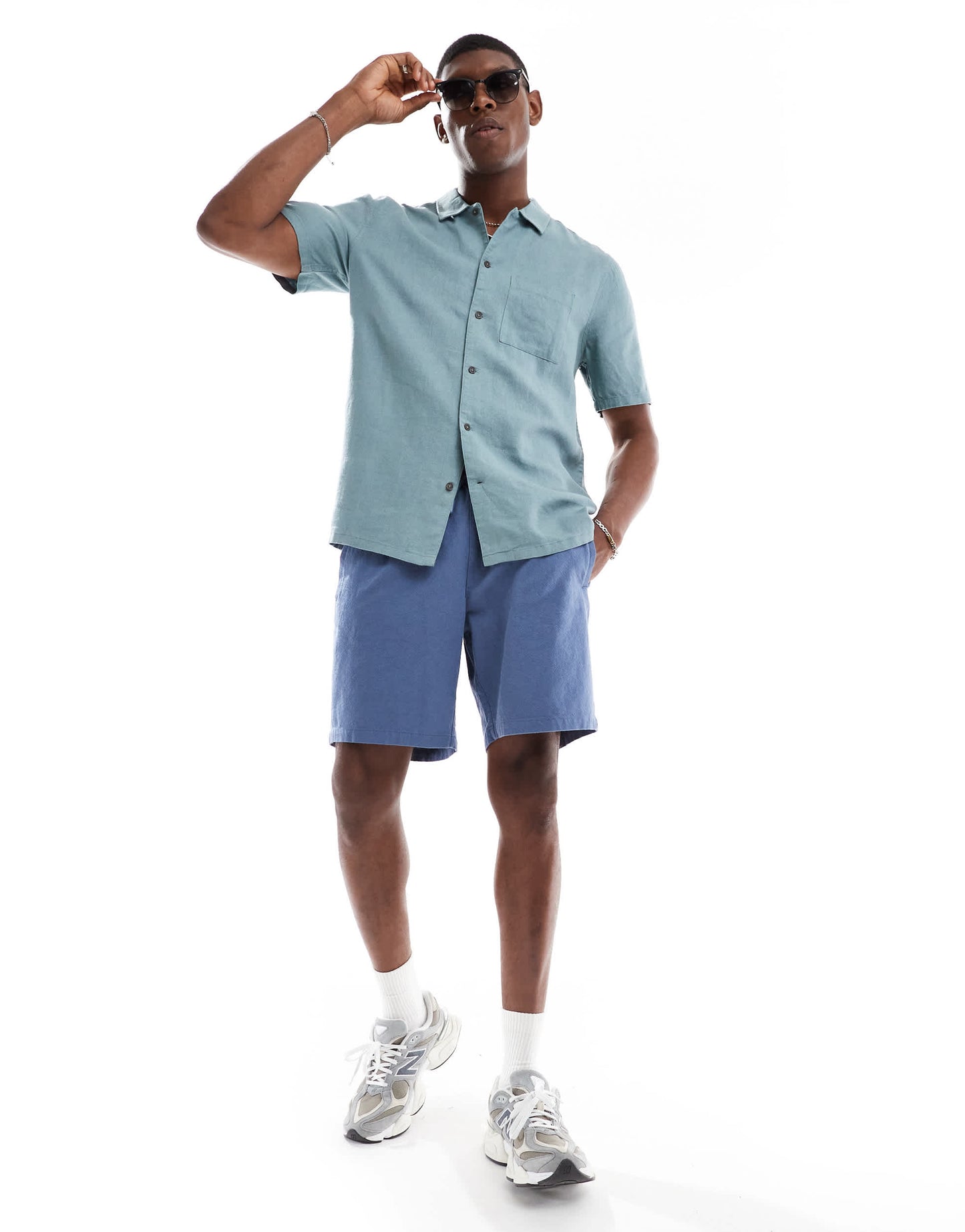 New Look flat collar linen-blend shirt in teal blue