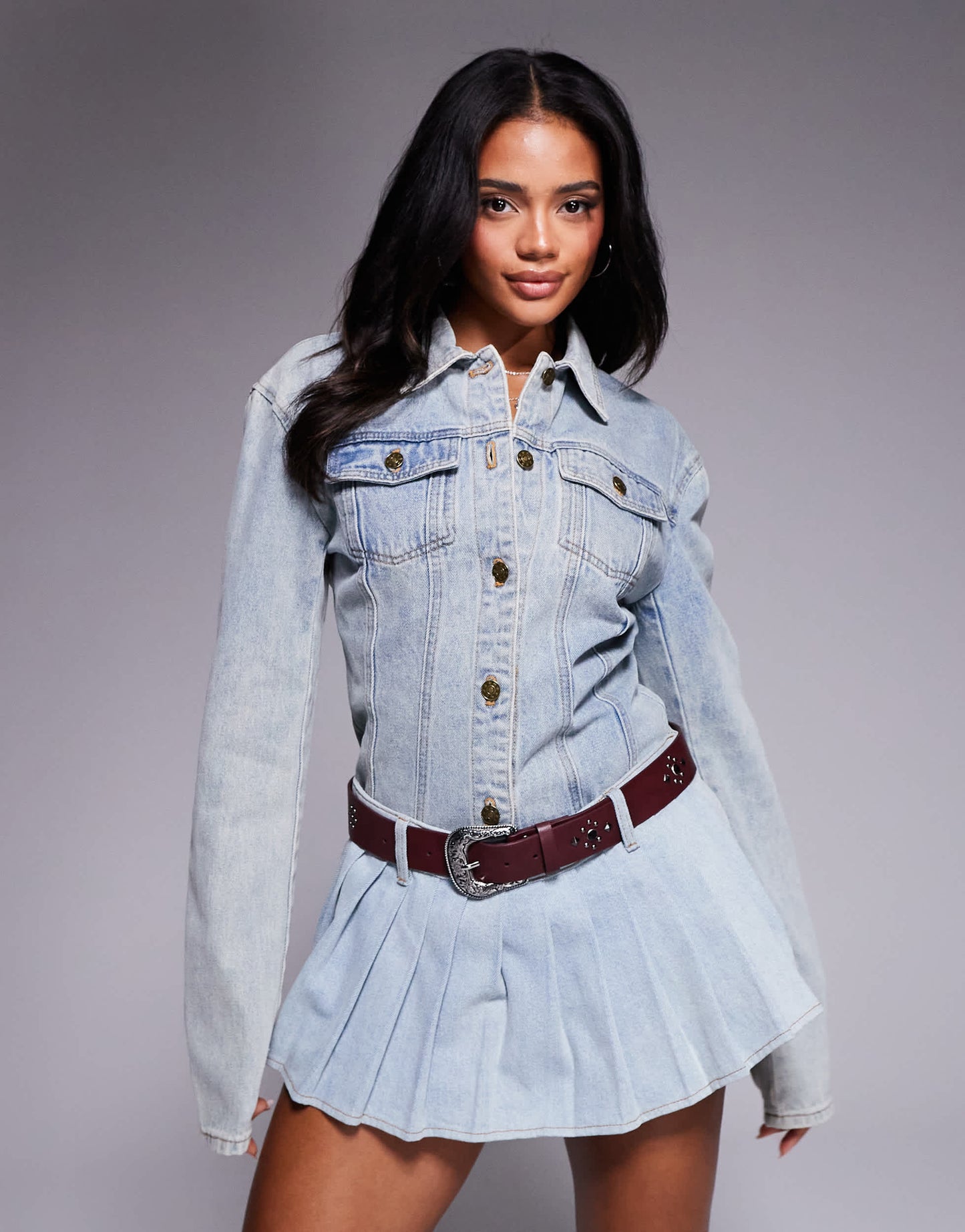 Lioness Rider pleated mini skort co-ord in light wash denim