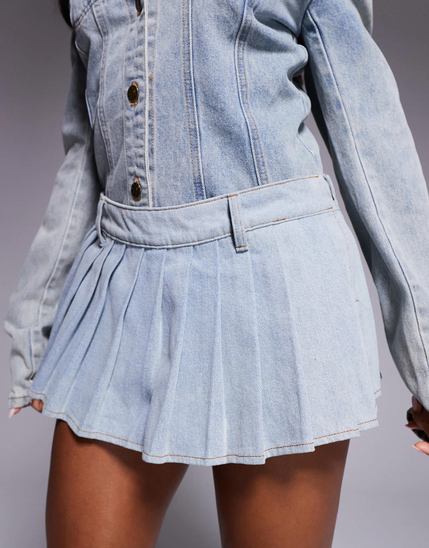 Lioness Rider pleated mini skort co-ord in light wash denim