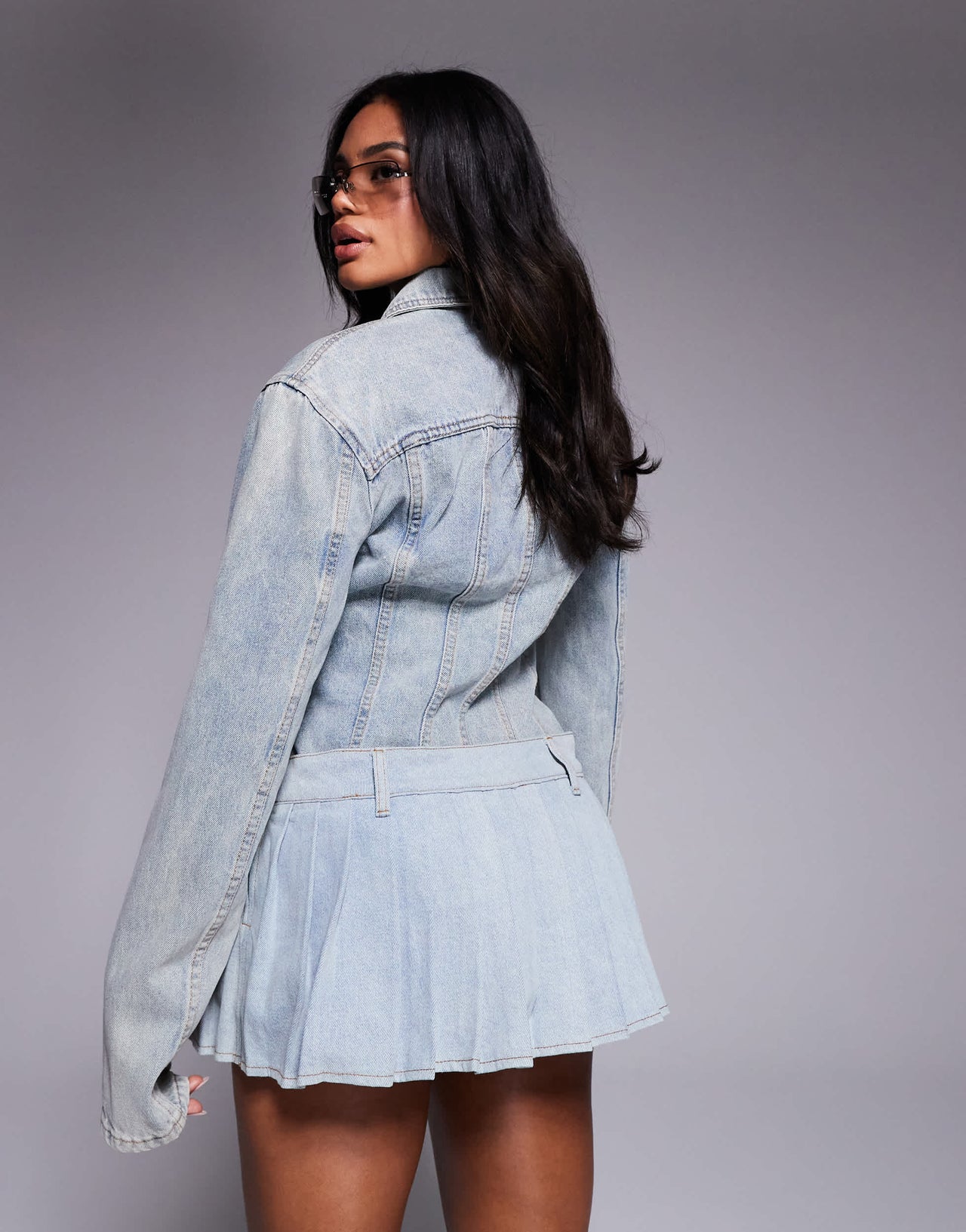Lioness Rider pleated mini skort co-ord in light wash denim